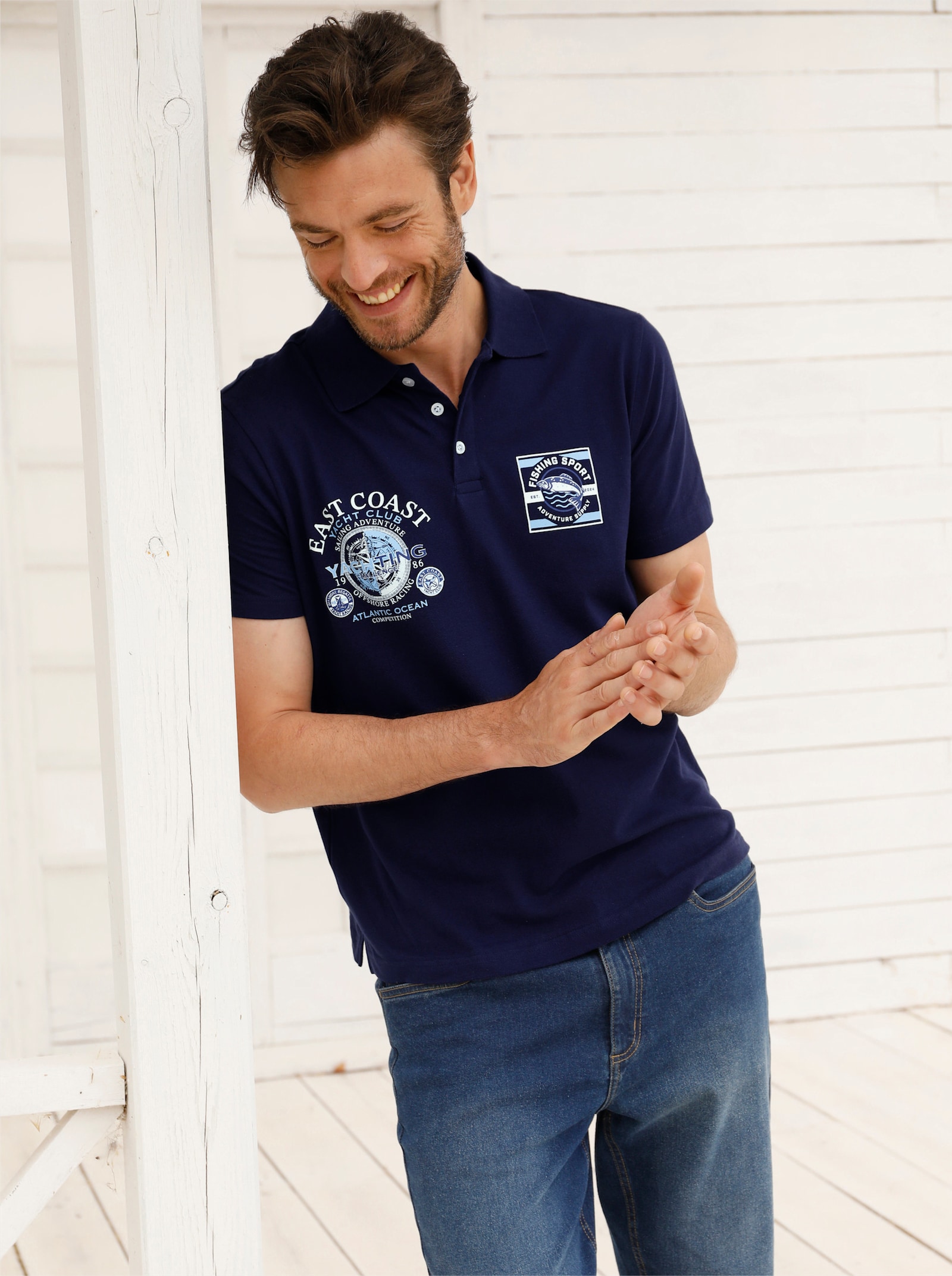 Catamaran Kurzarmshirt in Pikee-Qualität, Baumwolle - marine