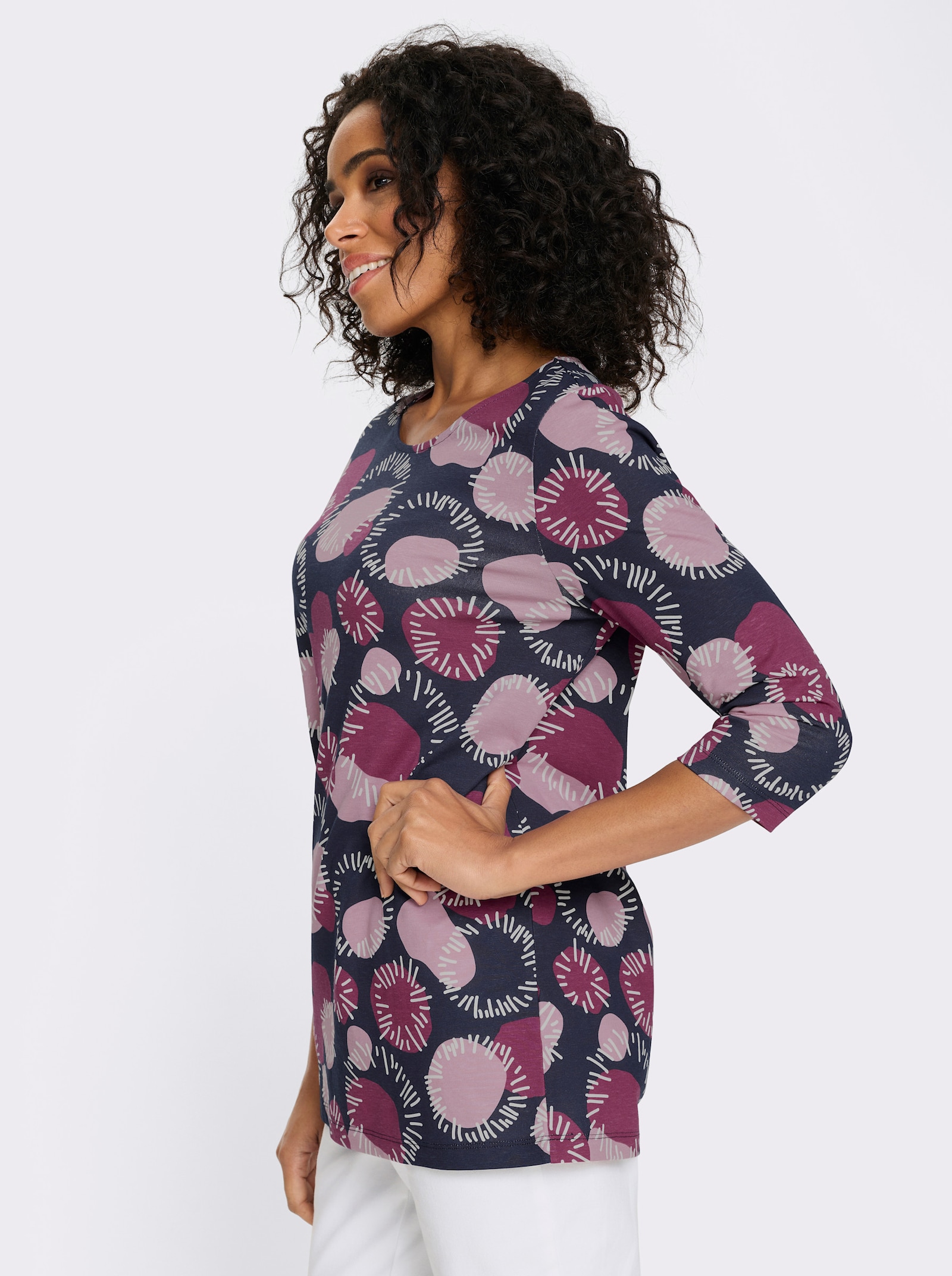 Lang shirt met 3/4-mouwen, katoen - oudroze/mauve bedrukt