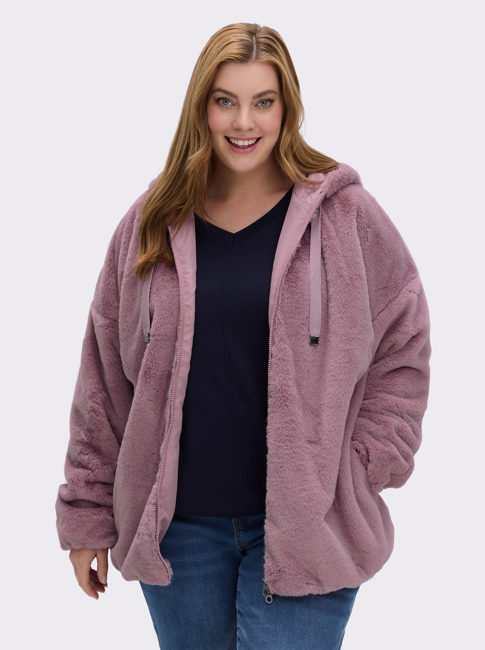 Fellimitatjacke mit Gummizug an Ärmeln und Saum - mauve