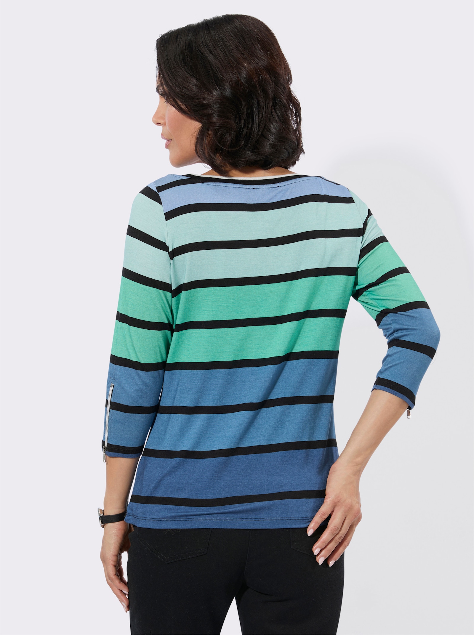 3/4-Arm-Shirt mit U-Boot-Ausschnitt - blaugrün-schwarz-geringelt