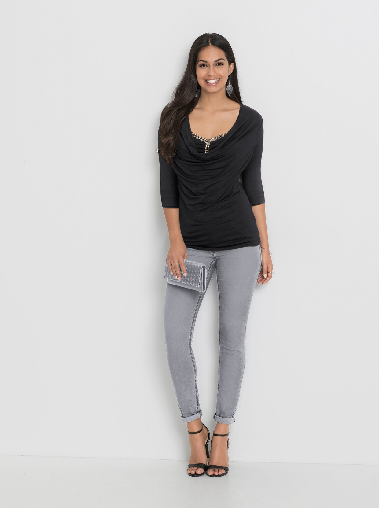 Shirt met cascadehals - zwart