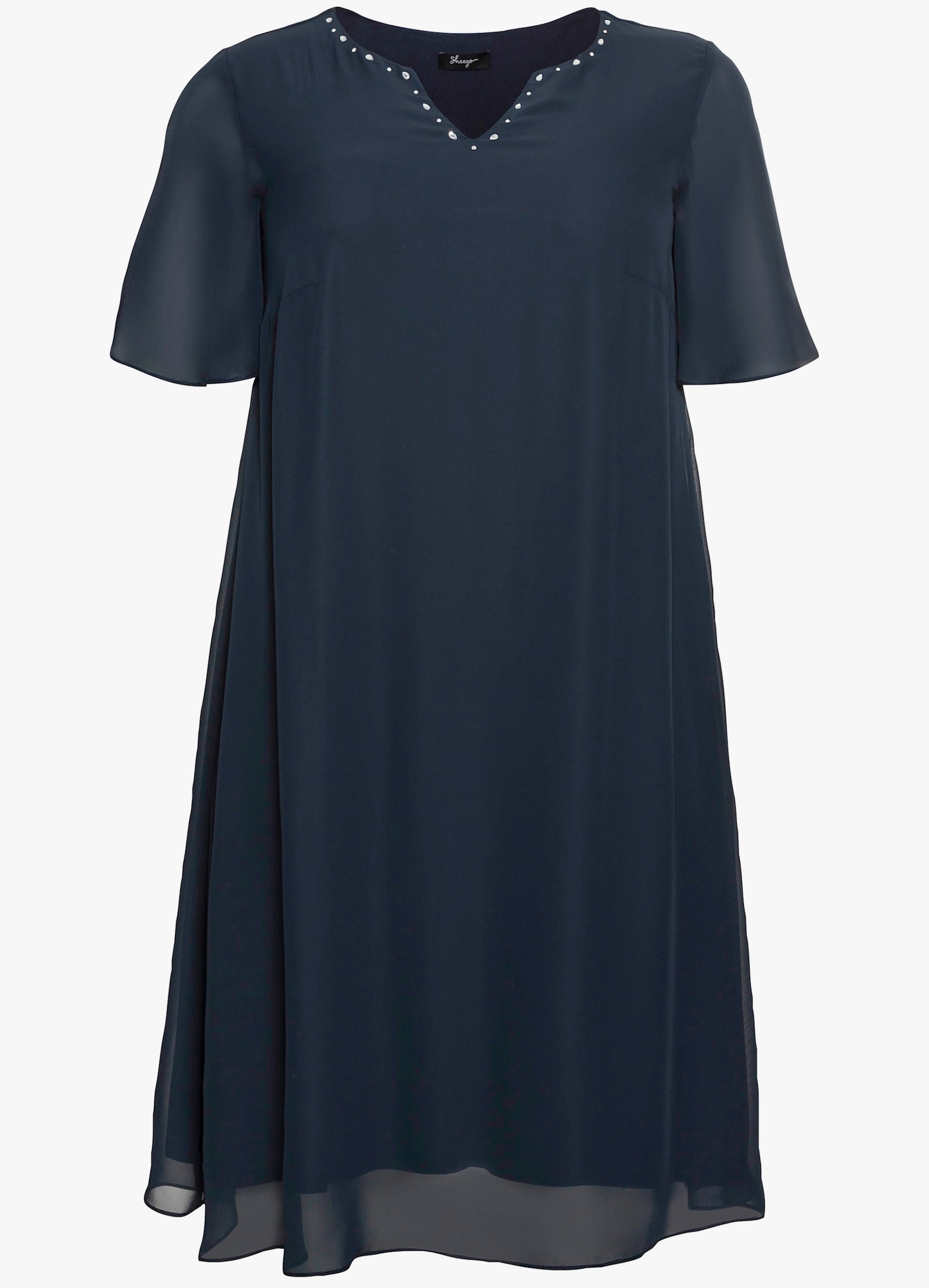sheego Robe en mousseline avec pierres fantaisie à l'encolure - bleu nuit