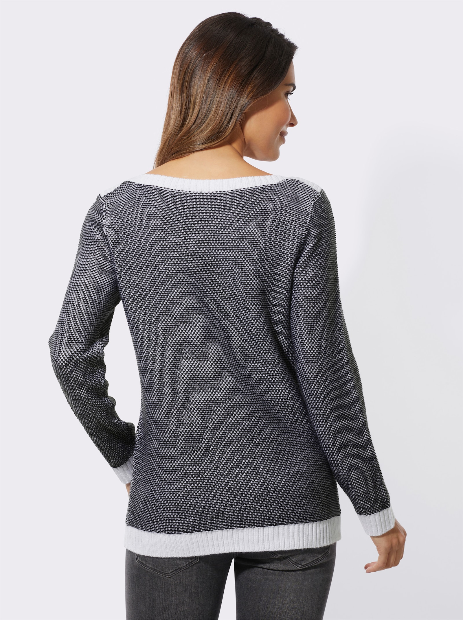 Pullover van jacquard met boothals - zwart/wit gedessineerd