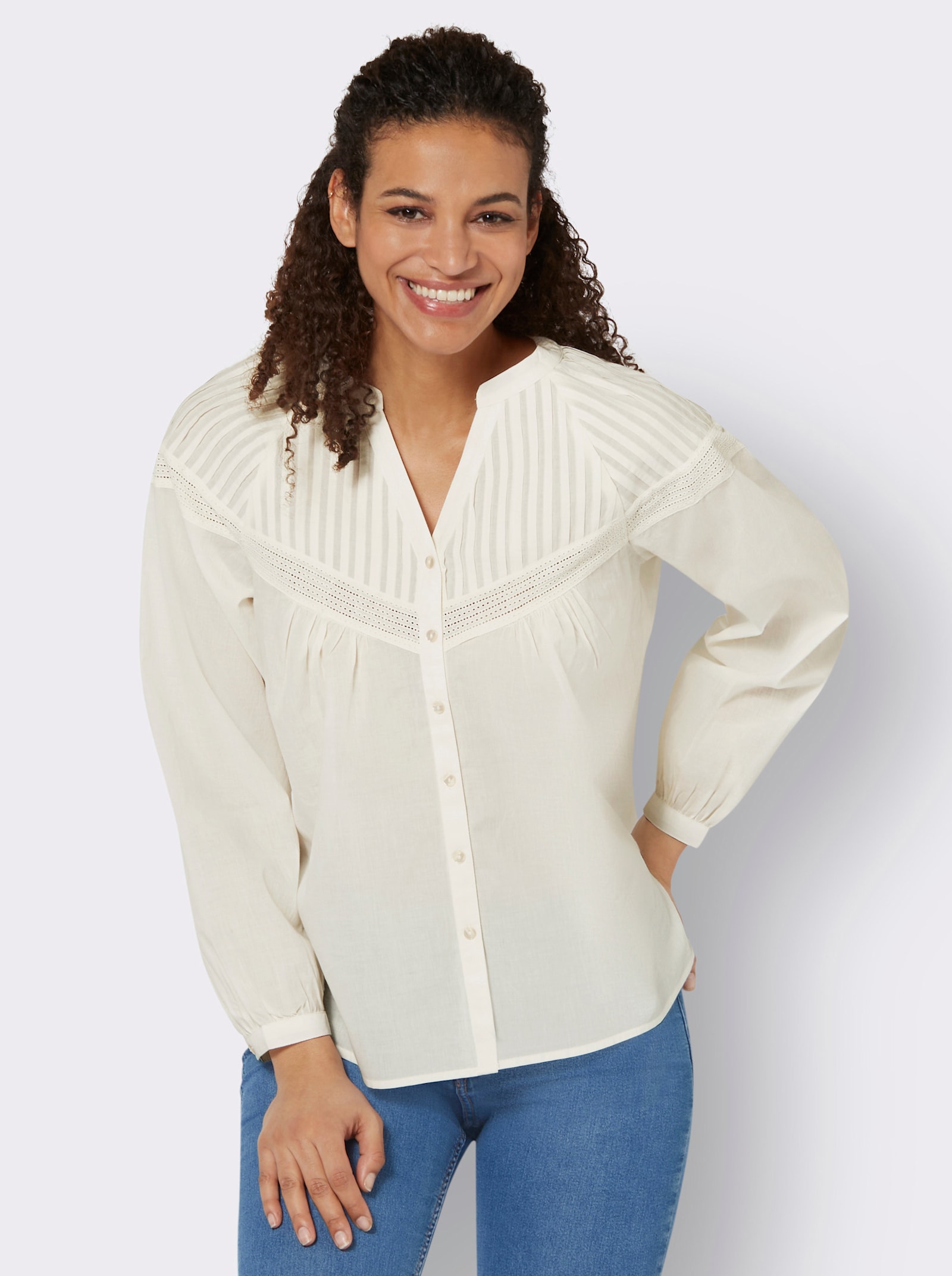 Langarmbluse mit aufgesetzter Lochspitze - champagner