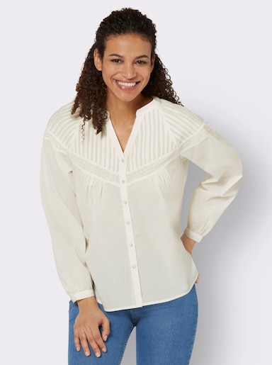 Langarmbluse mit aufgesetzter Lochspitze - champagner