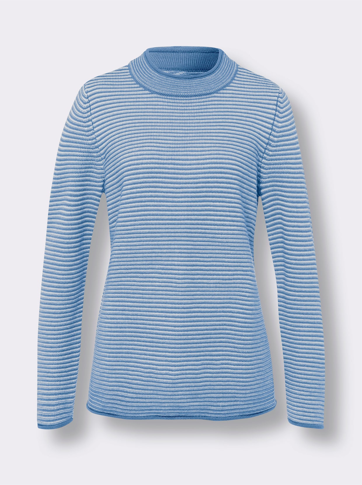 Stehkragenpullover - mittelblau-ecru-geringelt