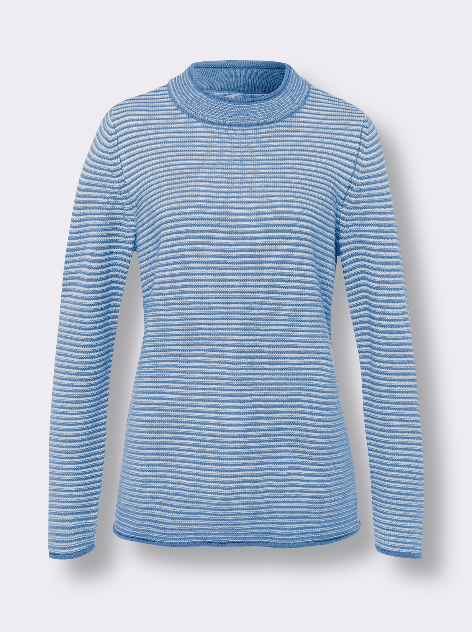 Stehkragenpullover mit Streifen-Muster - mittelblau-ecru-geringelt
