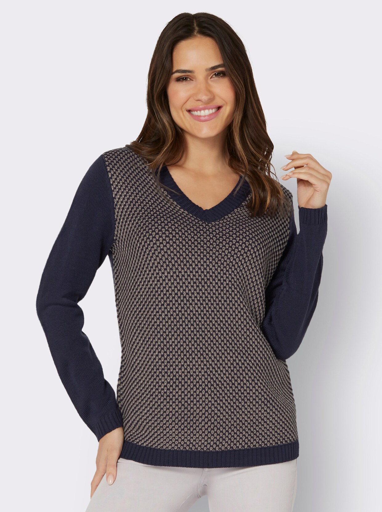 V-Ausschnitt-Pullover - marine-sesam