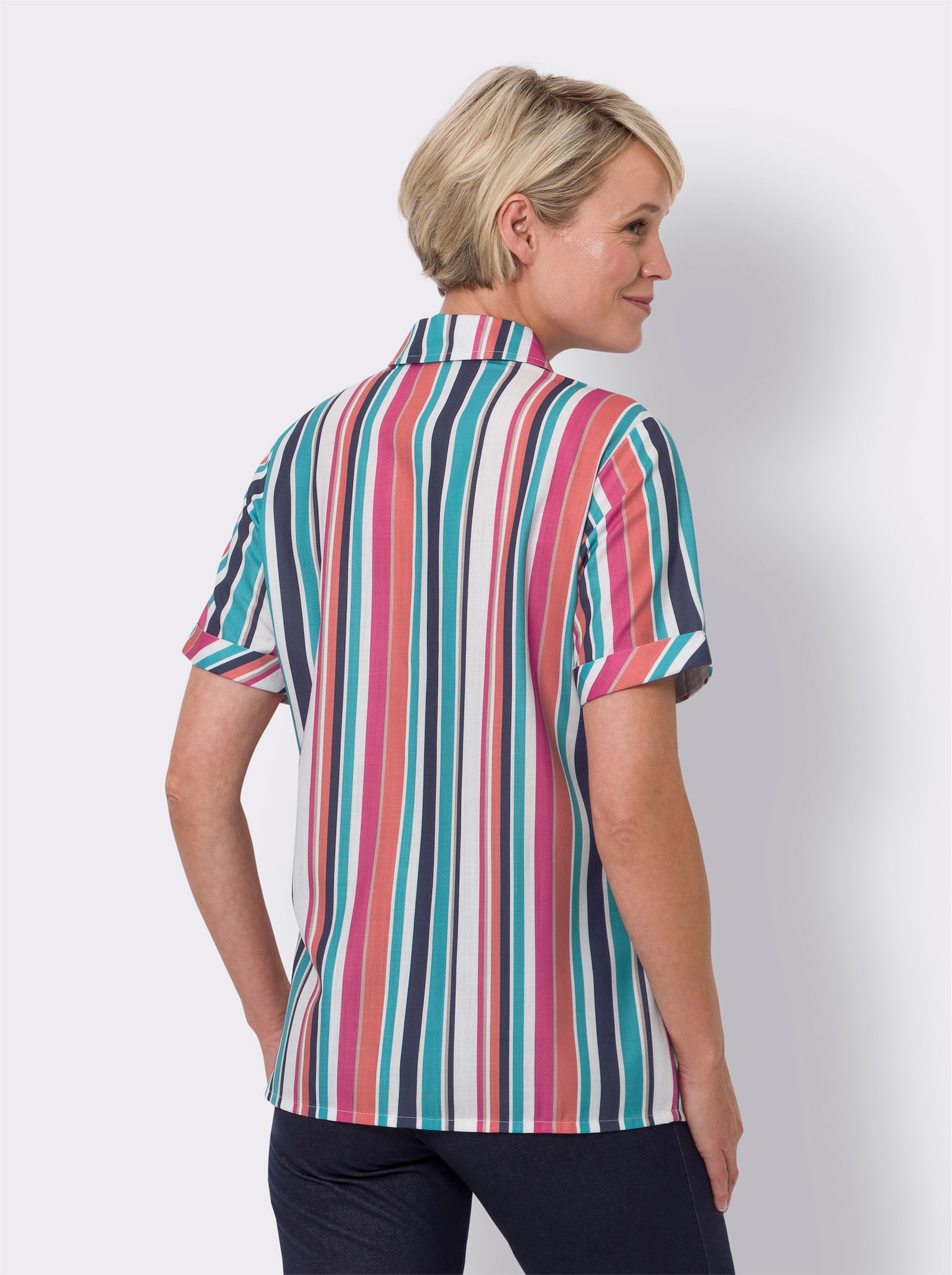 Hemdbluse in Leinen-Optik - ozean-papaya-gestreift