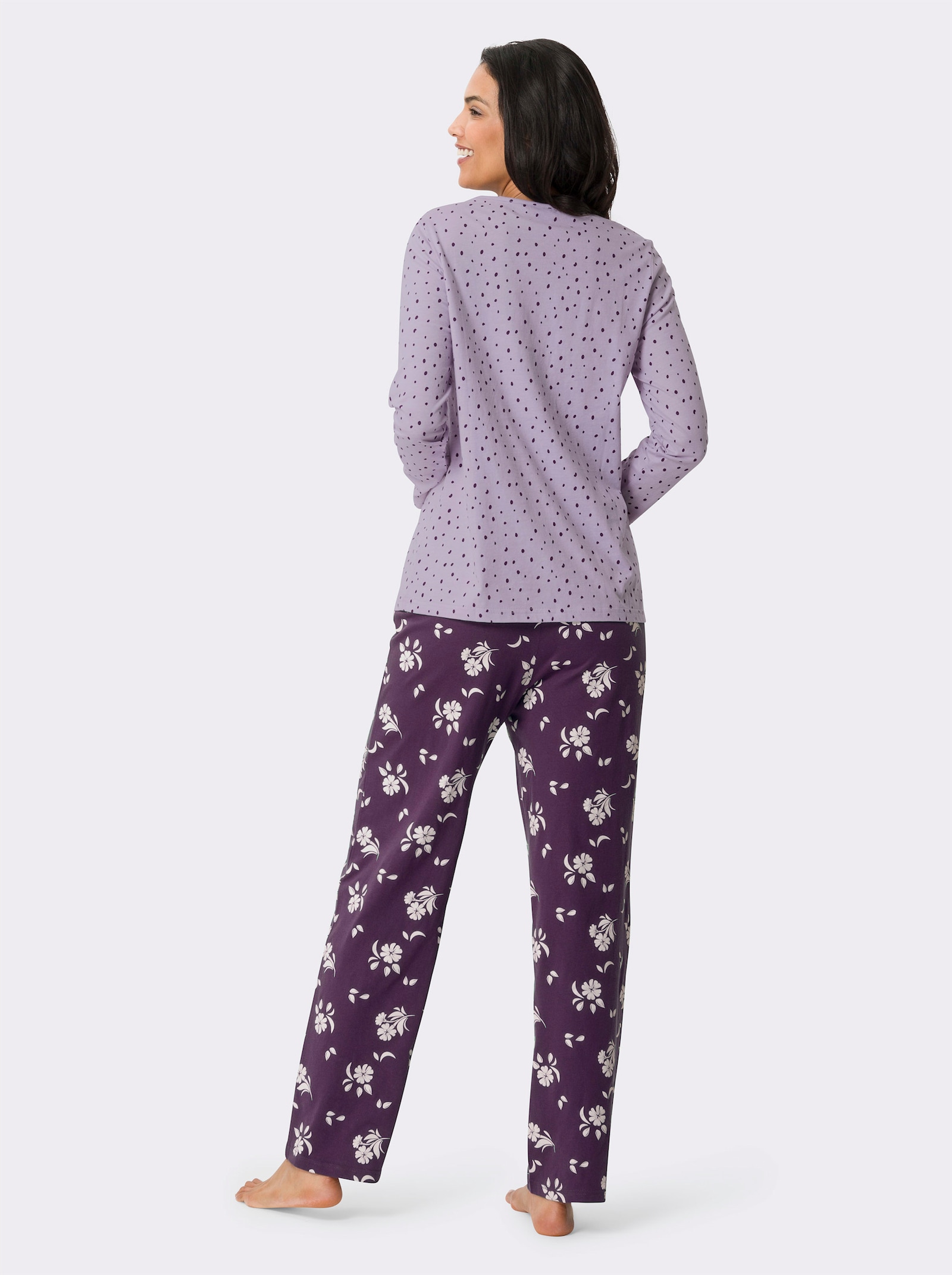 Schlafanzug mit Pünktchen- und Blumen-Muster - flieder-traube-bedruckt