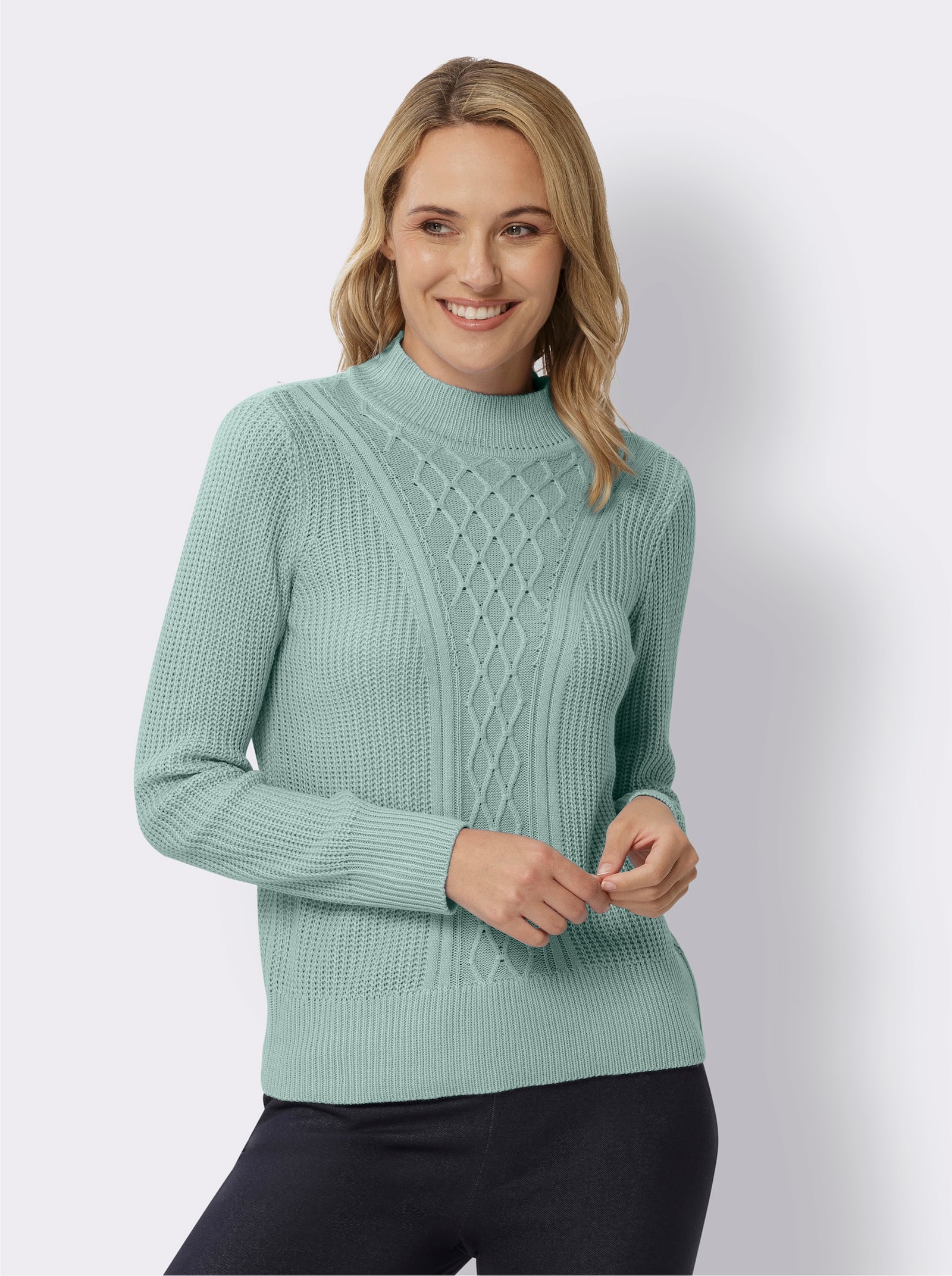 Stehkragenpullover mit Rauten-Strickmuster - kalkmint