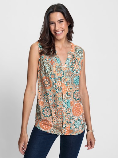 Blusentop in A-Form - apricot-salbei-bedruckt