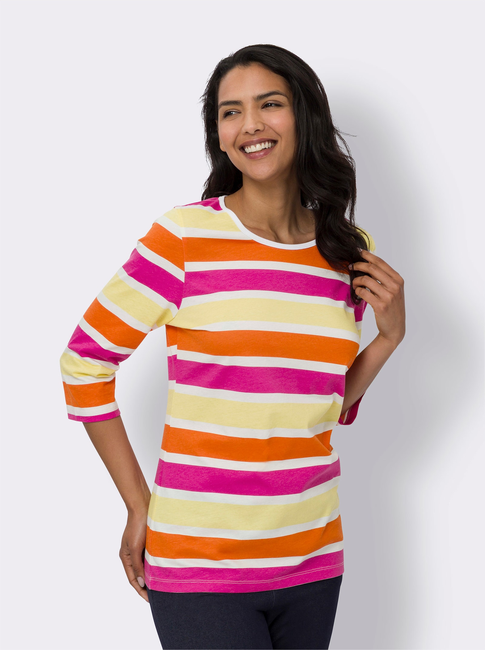 Randig topp med 3/4-ärm - ecru-fuchsia-randig