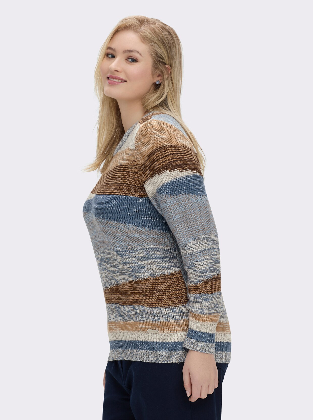 Strickpullover mit farbigen Rippbündchen - jeansblau-taupe-gemustert