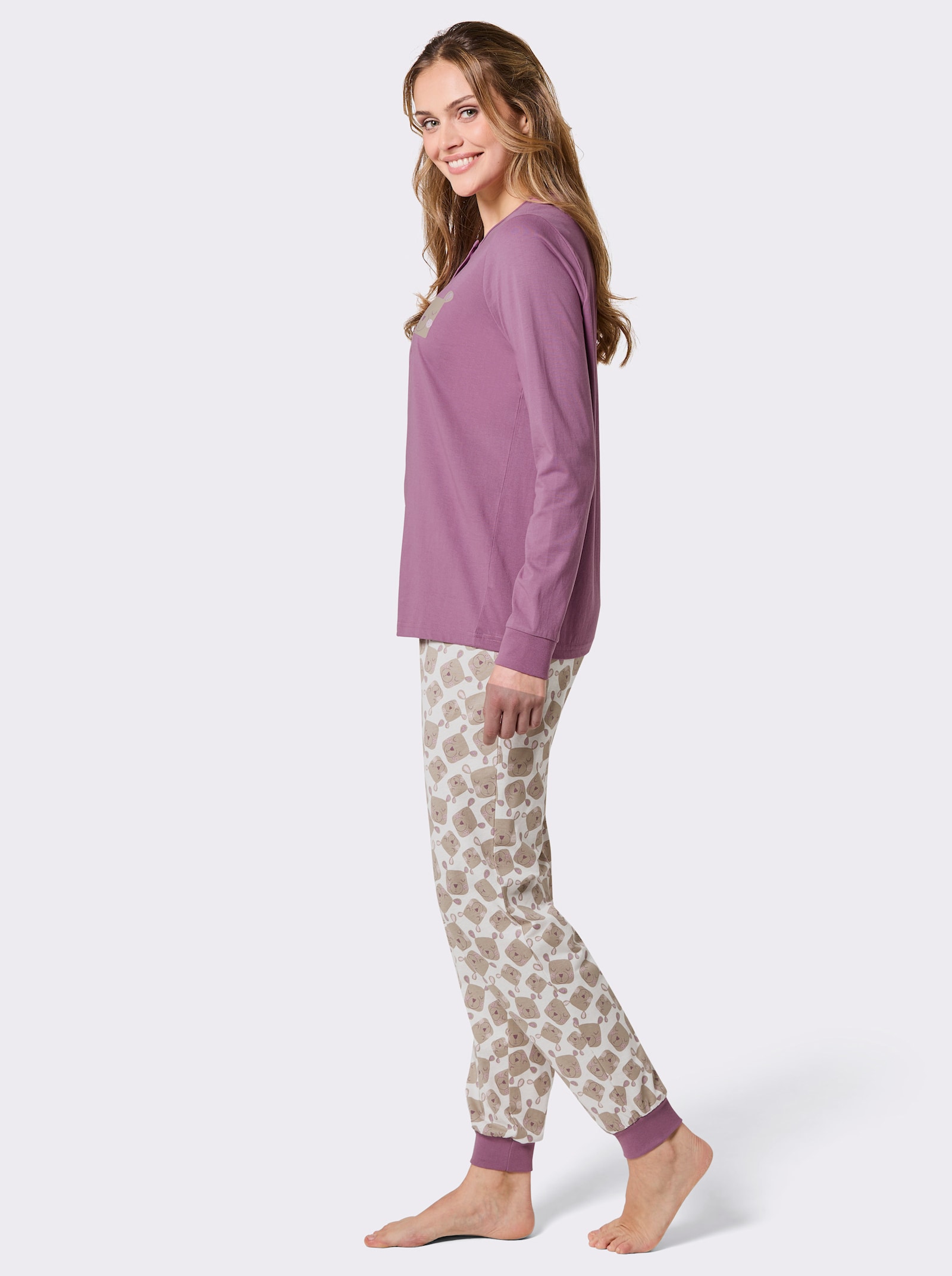 wäschepur Schlafanzug aus Feinfrottee - ecru-violett