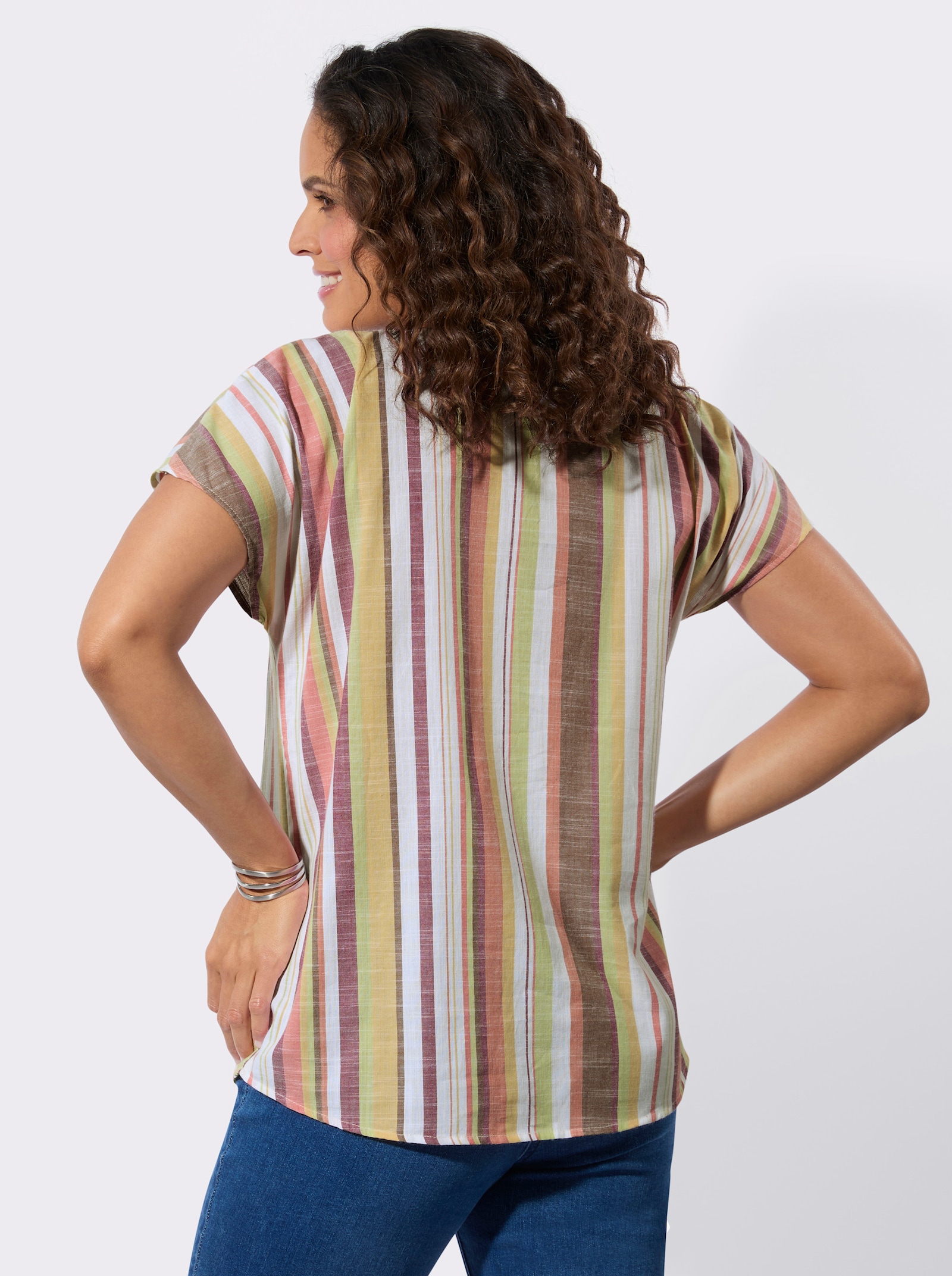 Gestreifte Bluse mit Rundhals-Ausschnitt - pistazie-ecru-gestreift