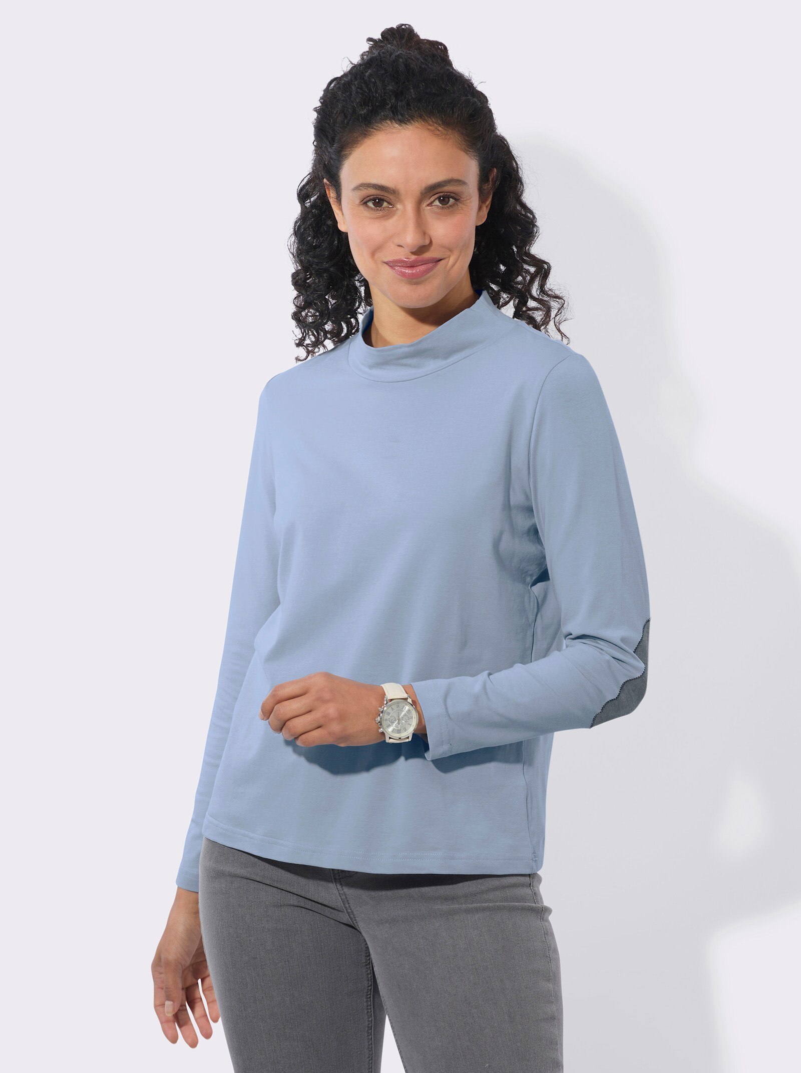 Stehkragenshirt mit Ellbogen-Patches in Jeans-Optik - bleu