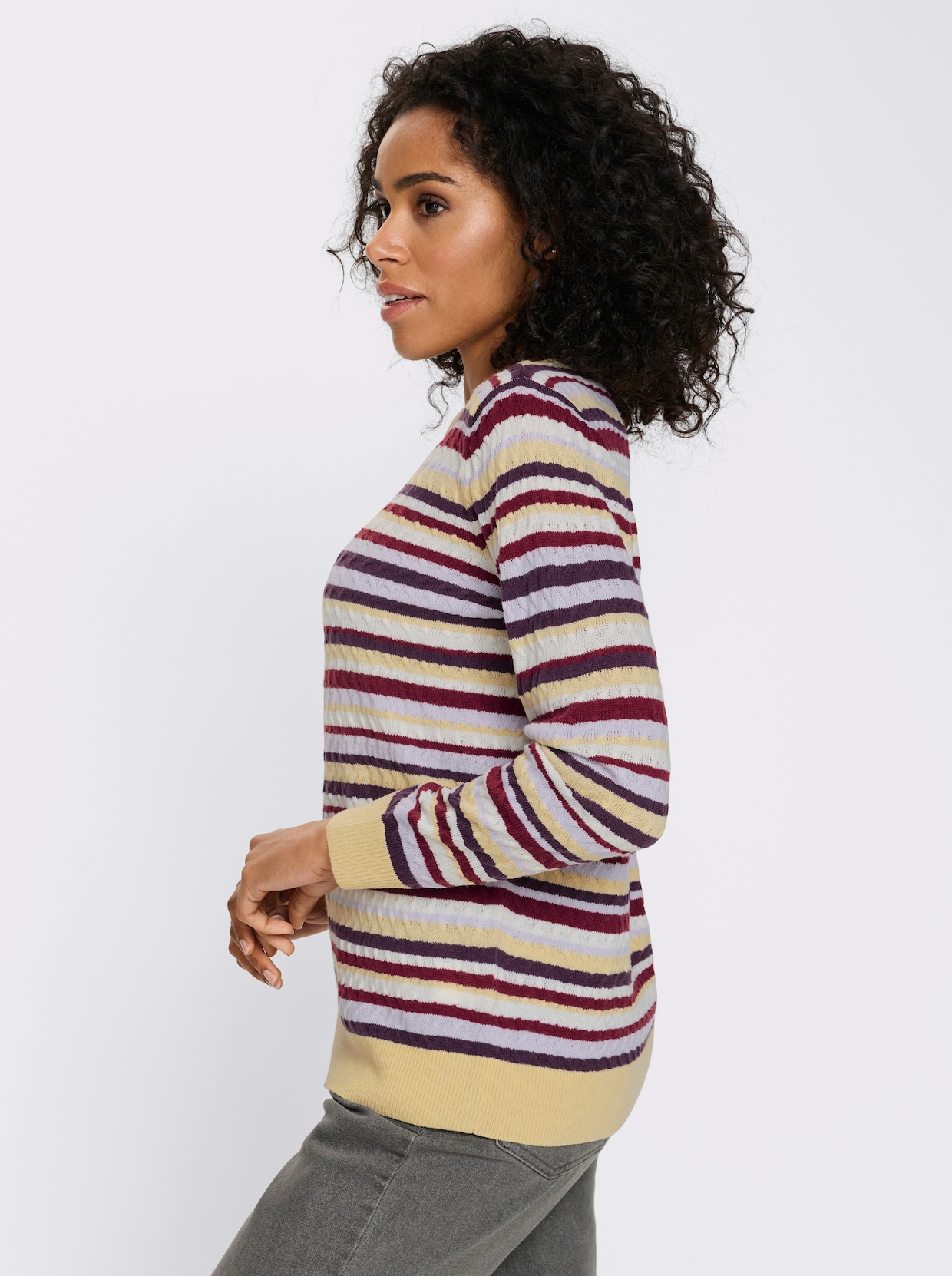 Rundhalspullover mit Zopfmuster im Ringel-Dessin - mauve-traube-geringelt