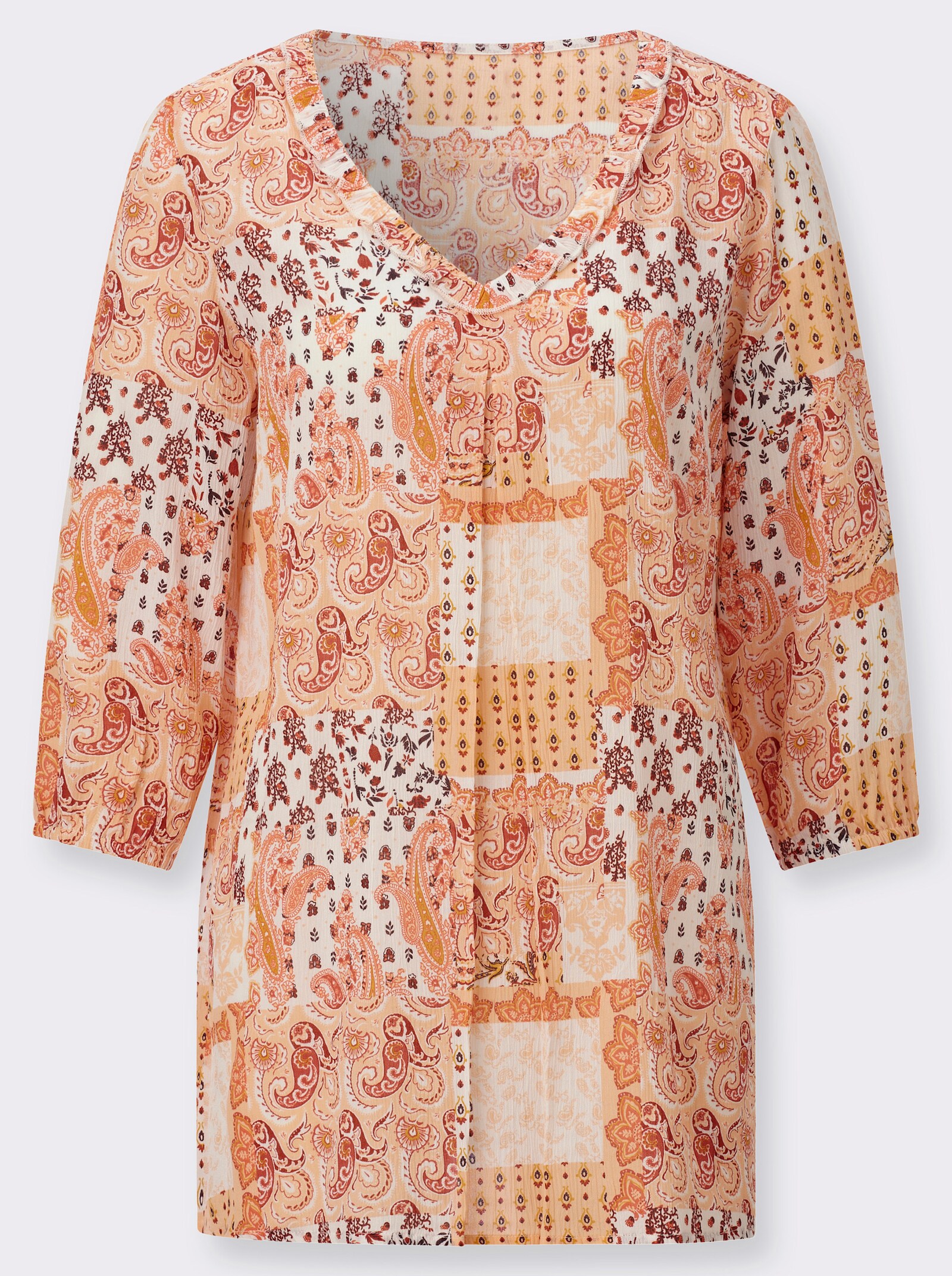 Druckbluse mit Rüschen-Verzierung - papaya-ecru-bedruckt