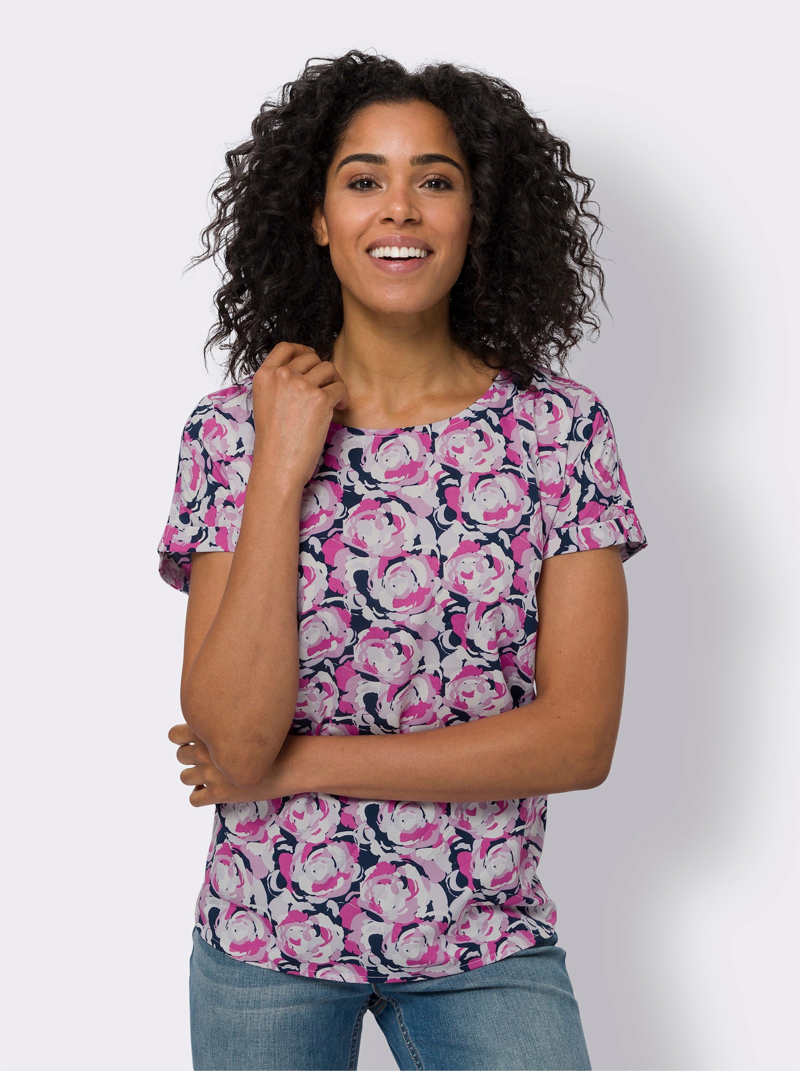 Navlékací halenka s falešnými manžetami - námořnická-fuchsiová-potisk