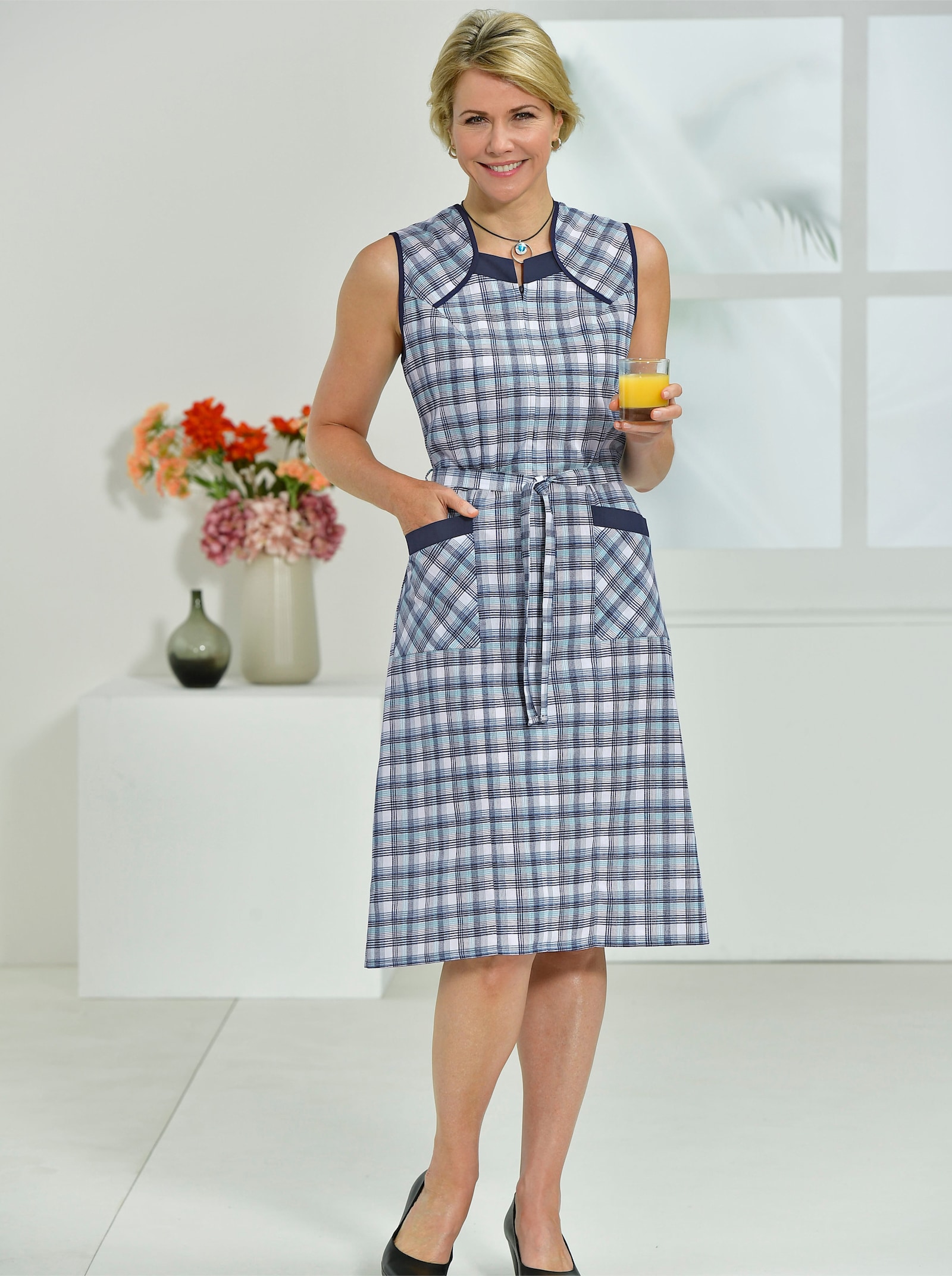 Schort met ritssluiting en ruitpatroon - aquamarine geruit