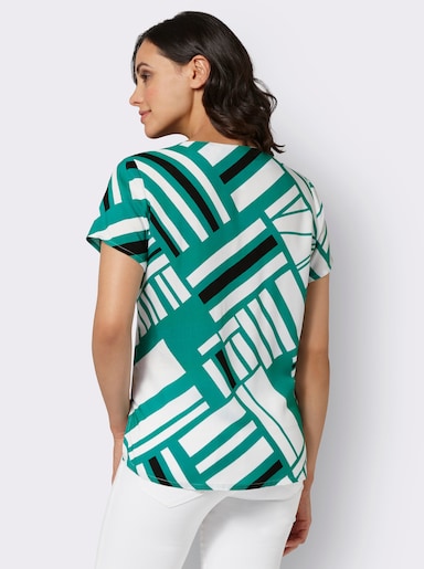 Druckbluse mit Falten am Ausschnitt - smaragd-ecru-bedruckt