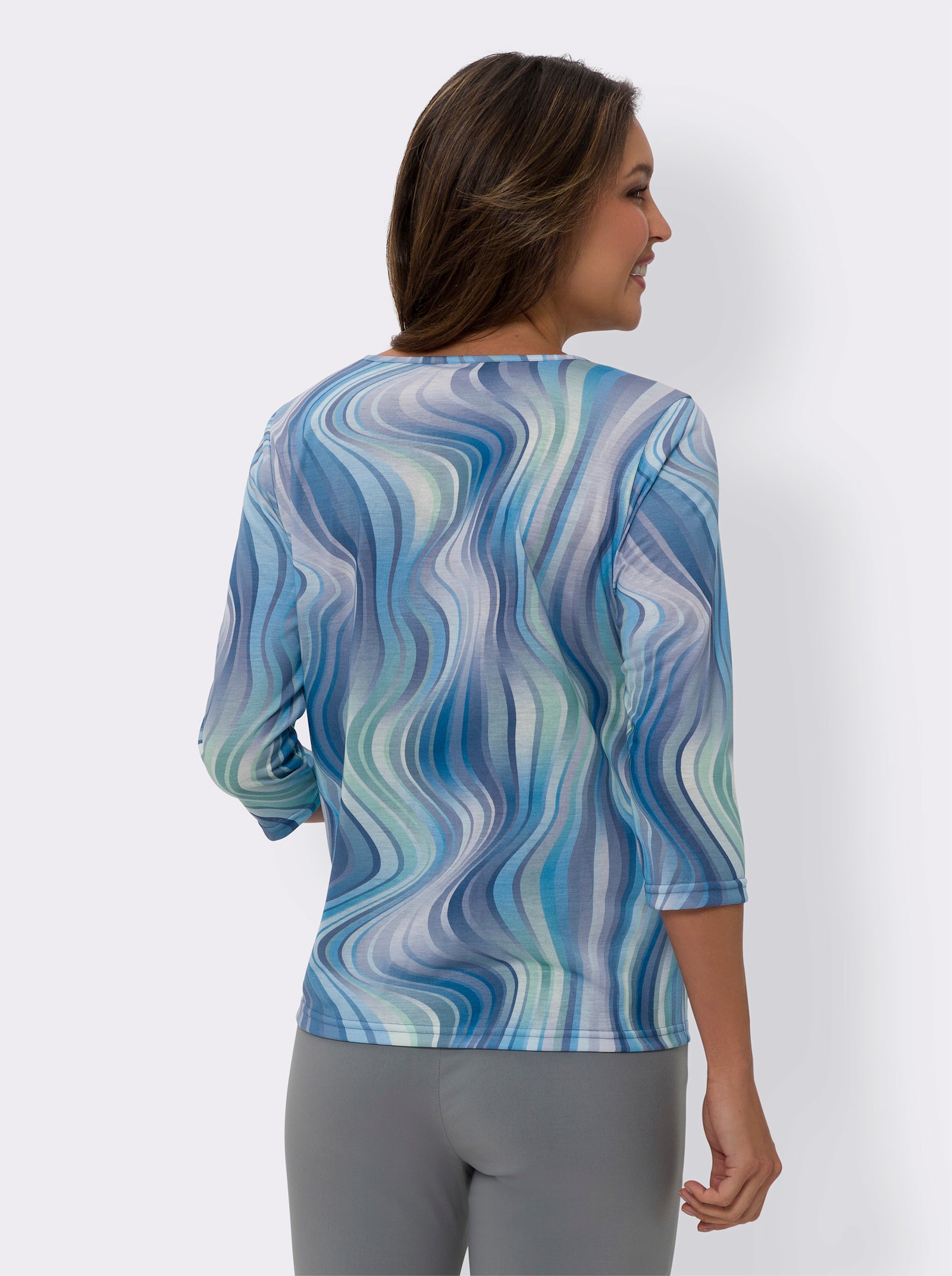 Shirt met lange mouwen in golfdessin - aqua/duivenblauw bedrukt