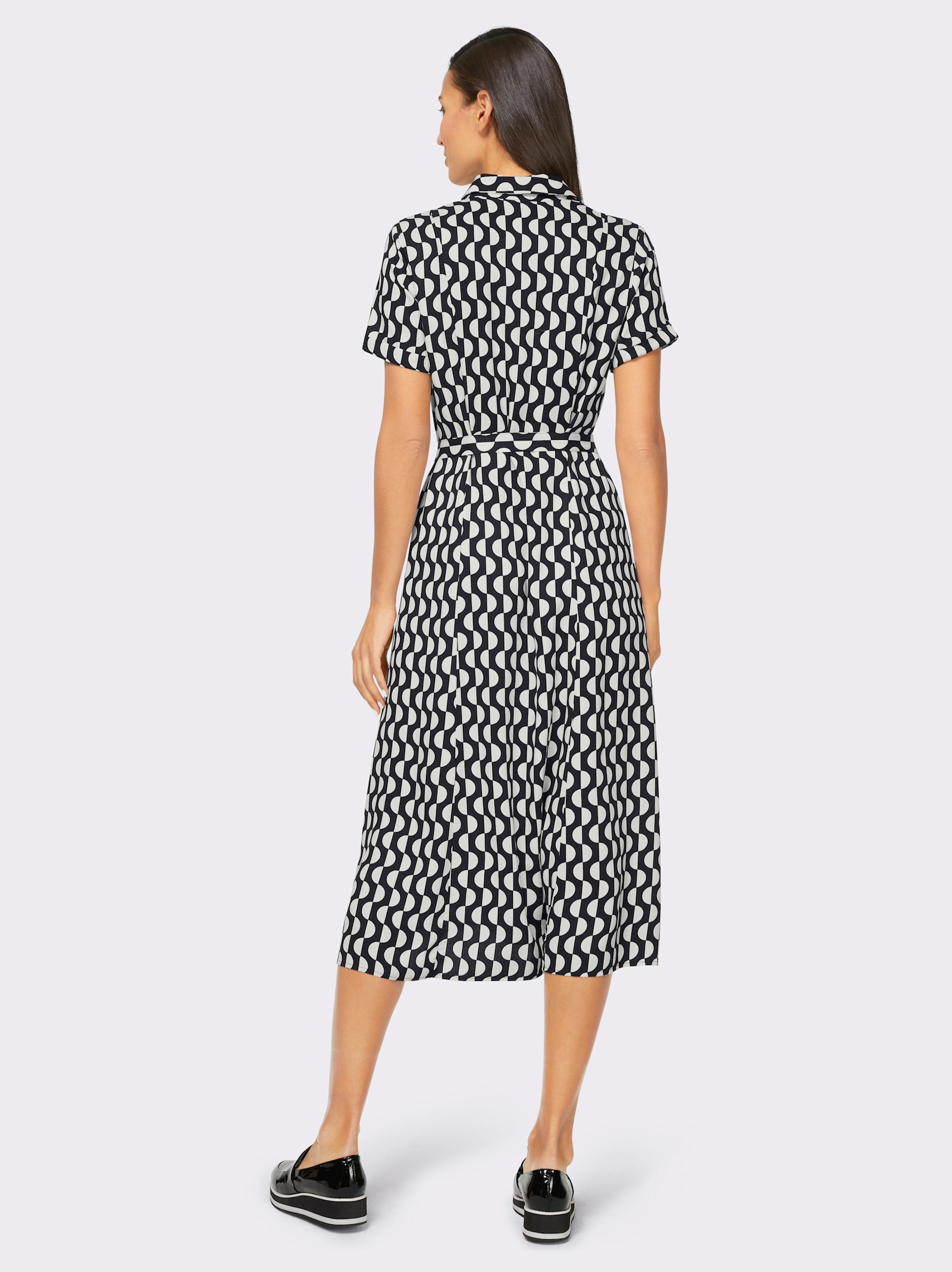 heine Druckkleid mit Stoffbindegürtel - schwarz-ecru