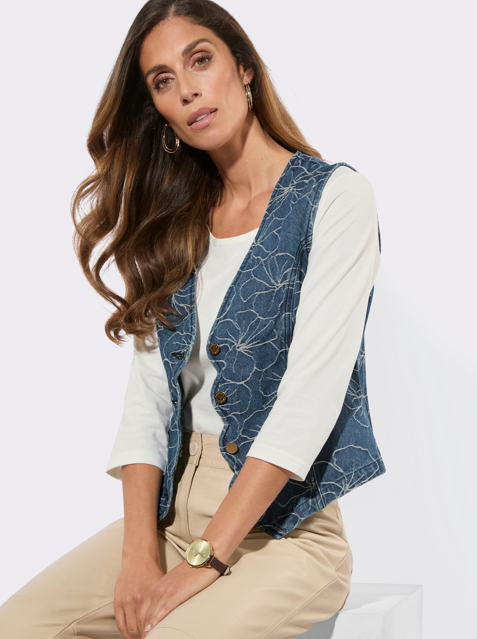 Jeansweste im Jacquard-Muster - blue-stone-washed-gemustert