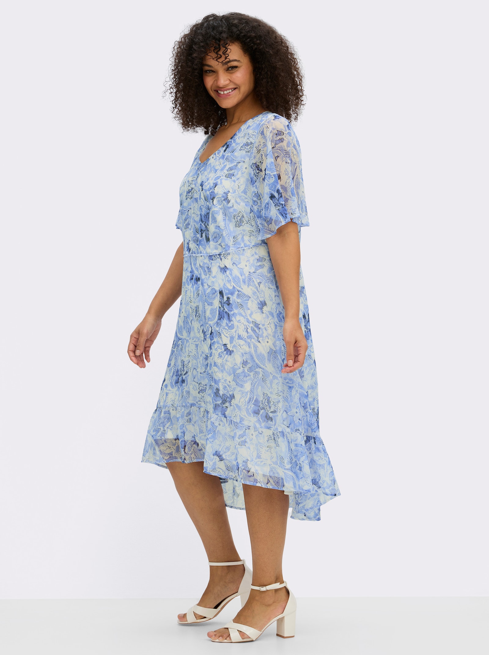 sheego Chiffonkleid mit Volant am Saum - royalblau-weiß-gemustert