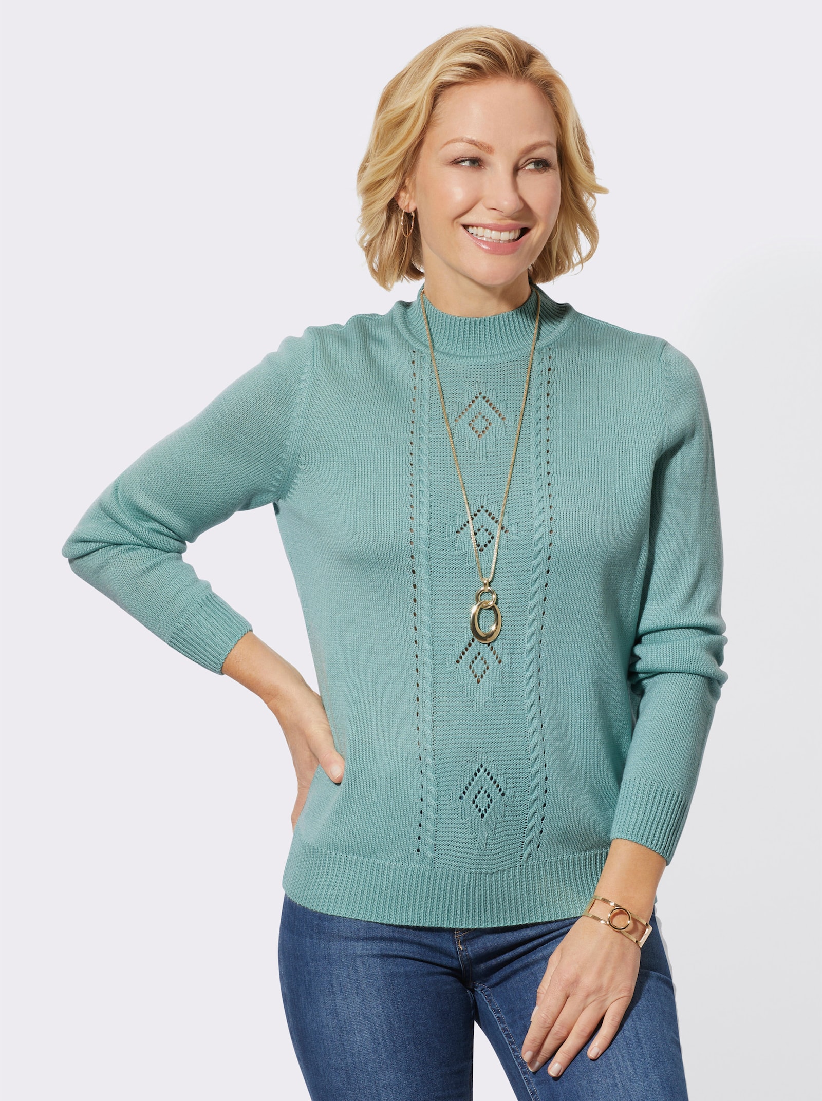 Pullover met opstaande kraag en elastische ribboorden - kalkmint