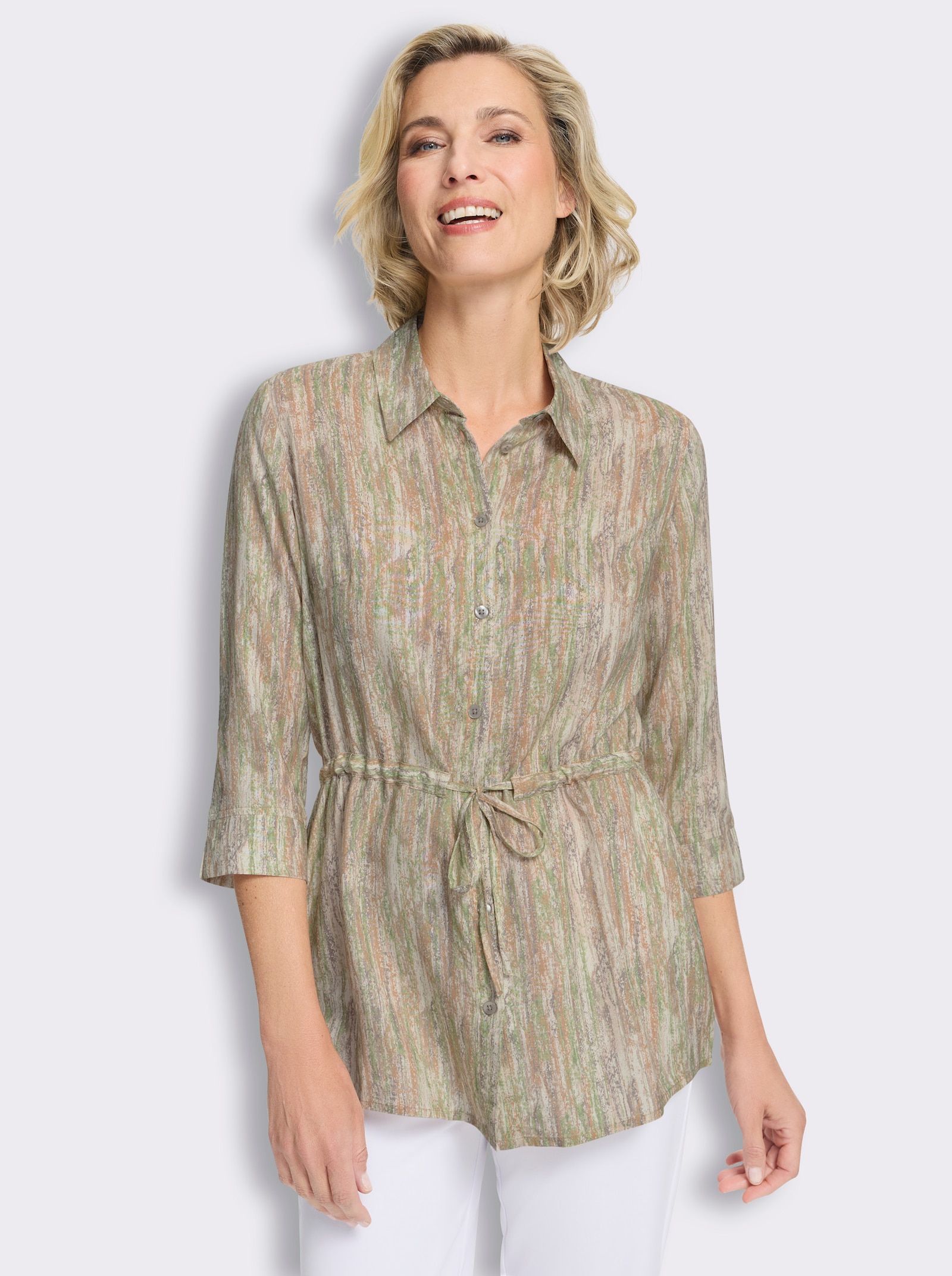 Longbluse aus reiner Viskose - champagner-taupe-bedruckt
