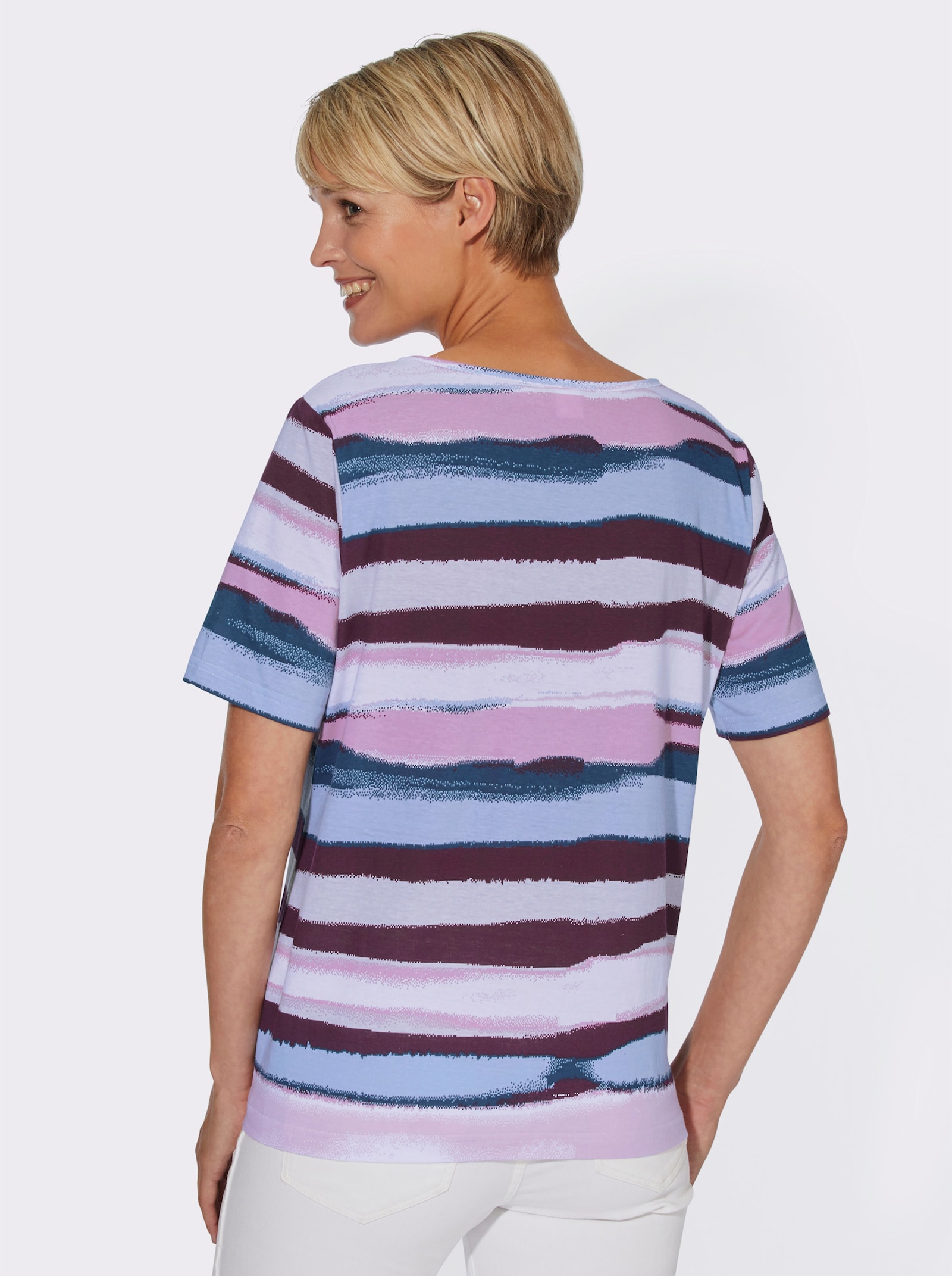 Kurzarmshirt mit mehrfarbigen Streifen - rosé-bleu-gestreift