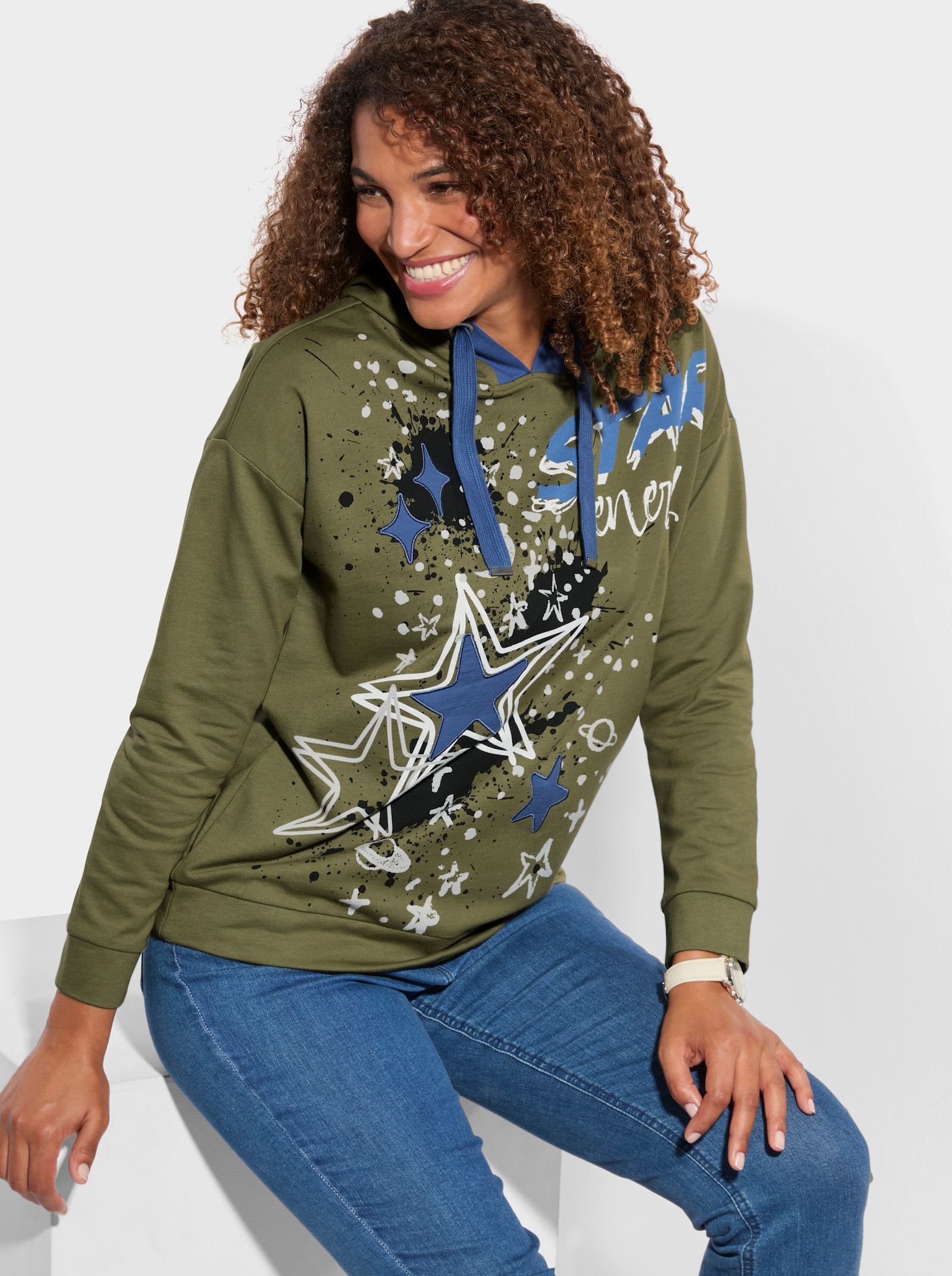 Sweatshirt mit Sternen-Print vorne - oliv
