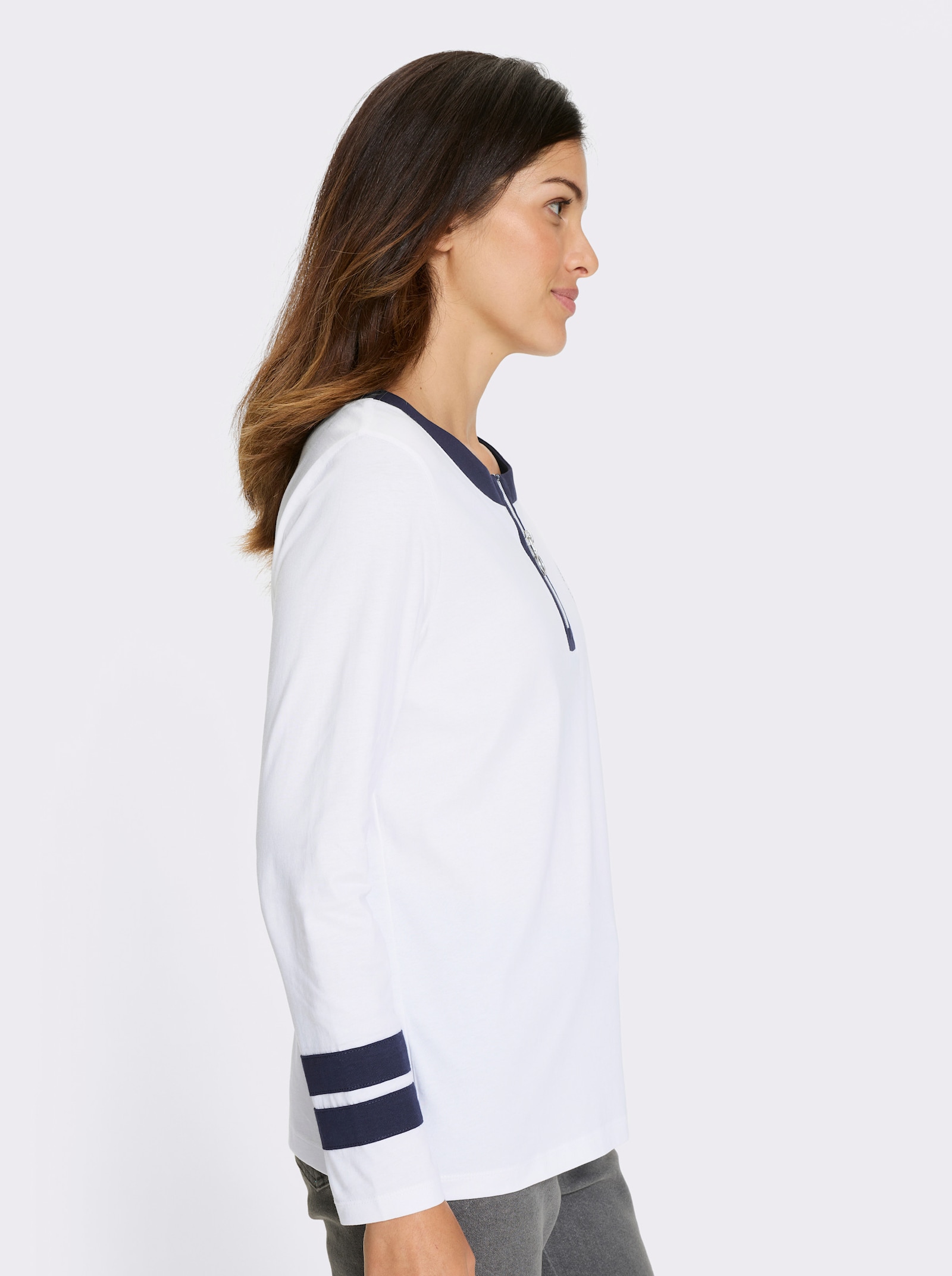 Langarmshirt mit Kontrast-Streifen - weiß-marine