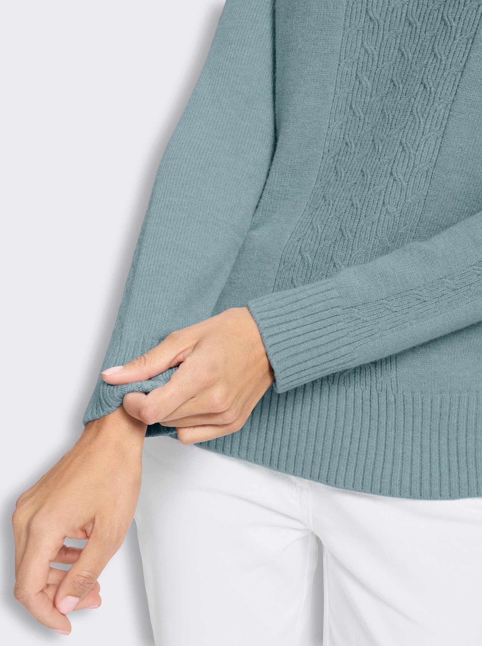 Stehkragenpullover mit Zopfmuster - jade-meliert