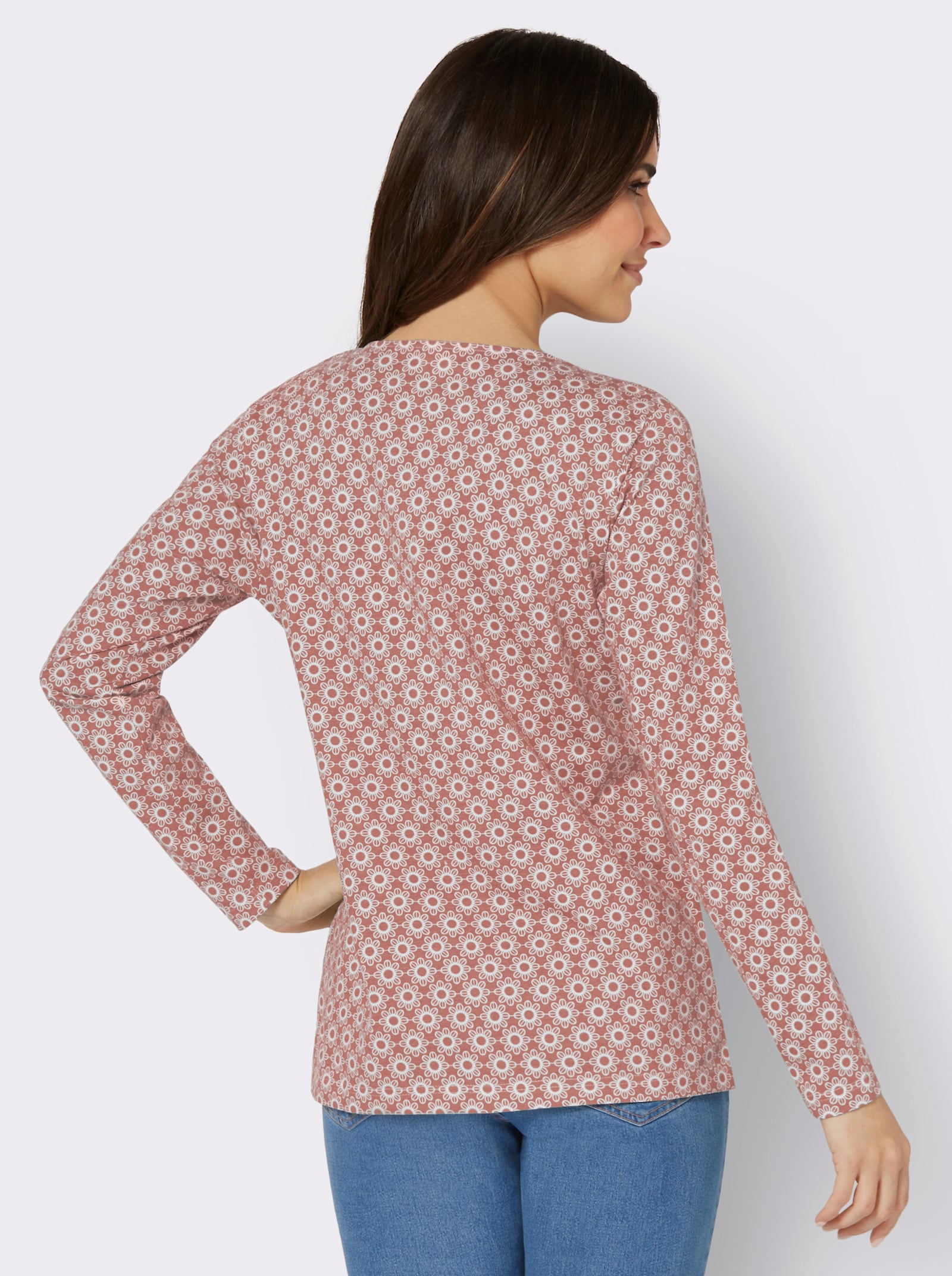 Tričko s dlhými rukávmi a minimalistickým vzorom - Ružové drevo-svetlobéžová potlač