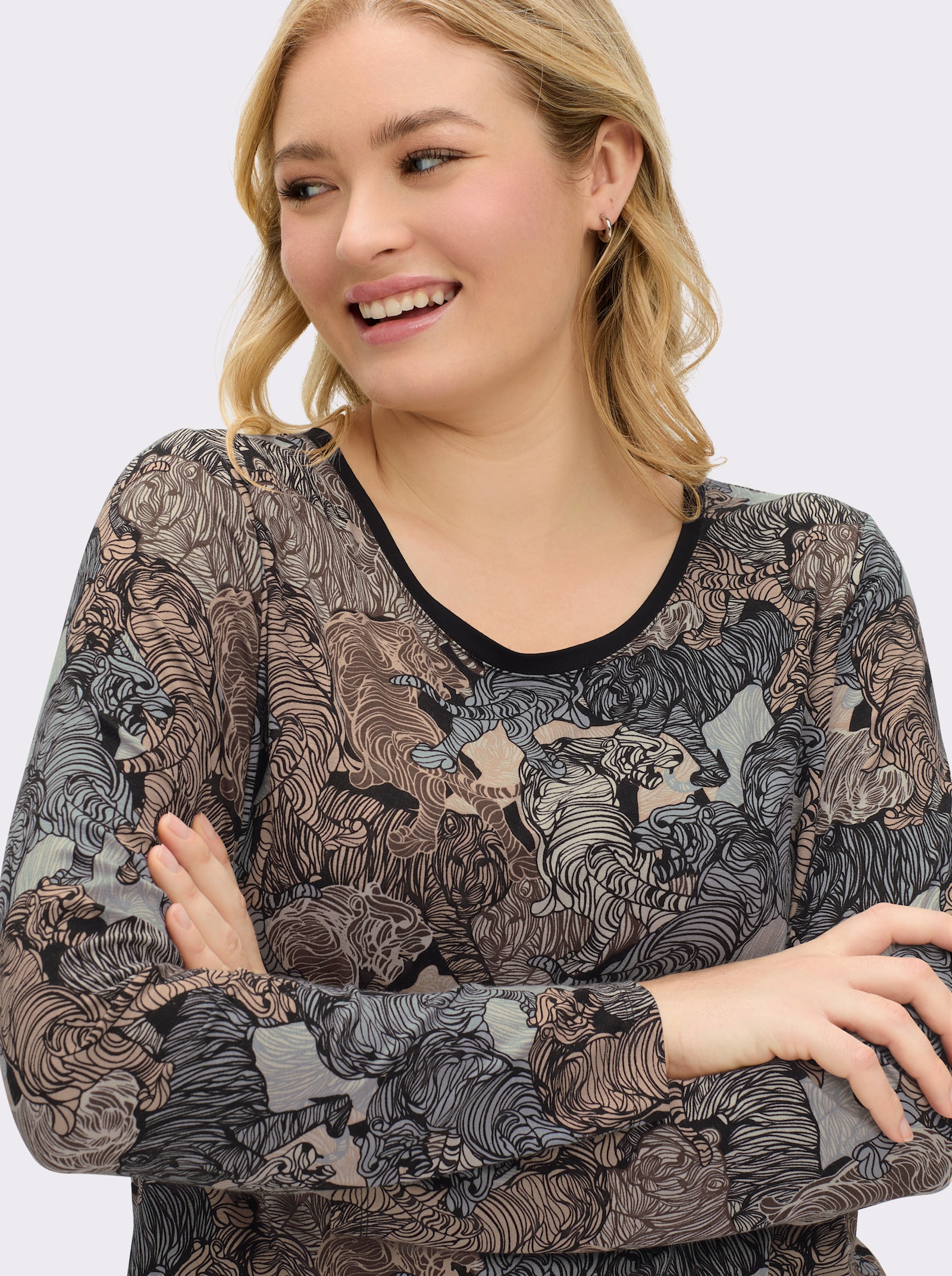 Langarmshirt mit kontrastfarbiger Paspel - schwarz-sand-bedruckt