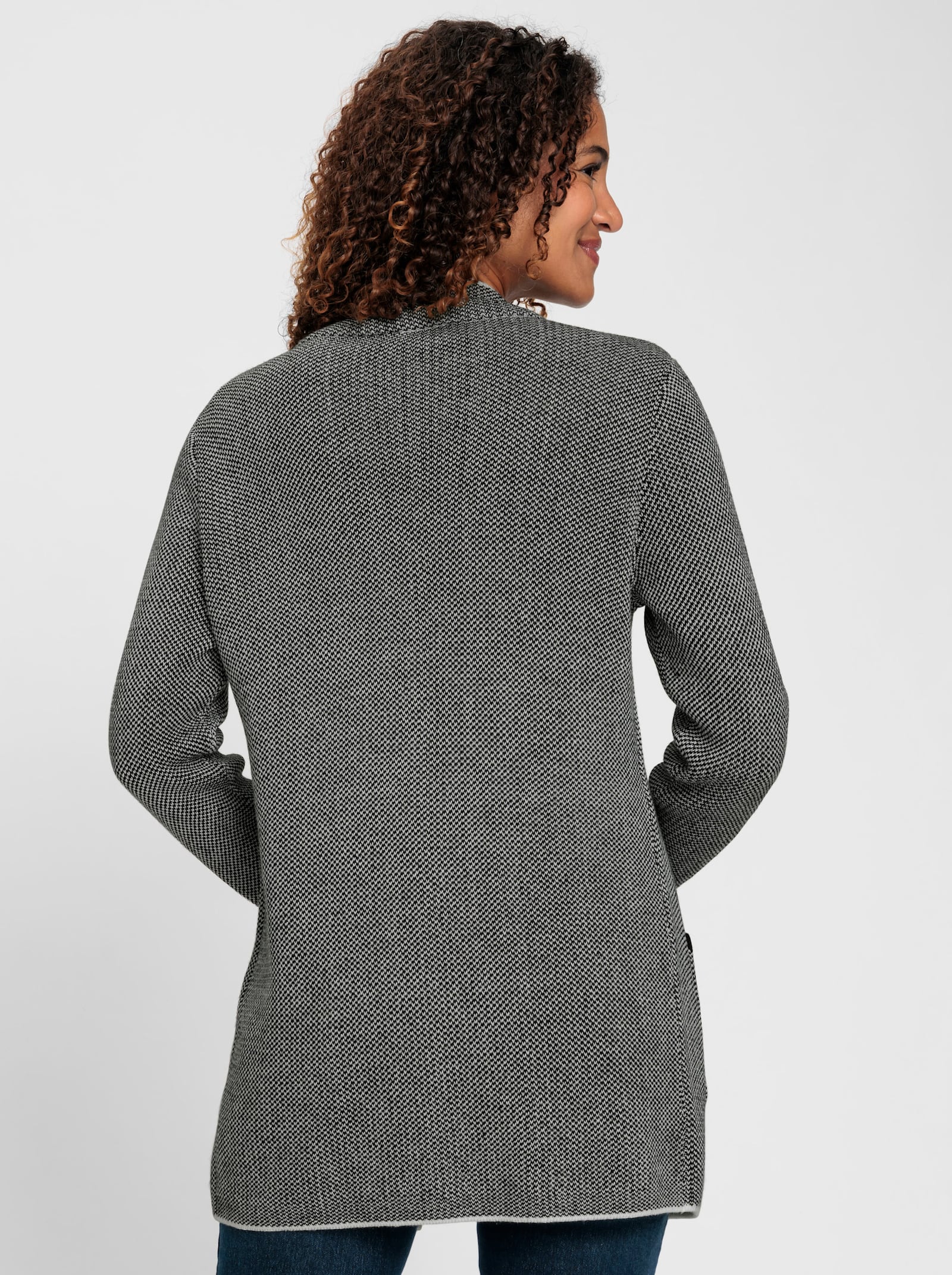 Jacquardstrickjacke mit Stehkragen - ecru-schwarz-meliert