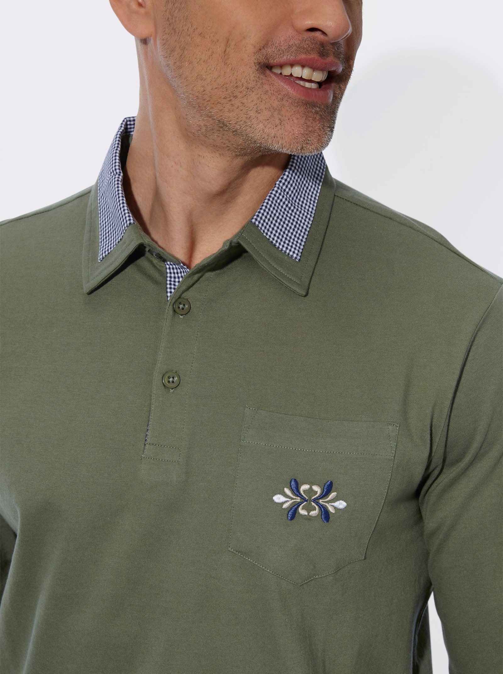 Langarm-Poloshirt mit Webkaro-Details - khaki