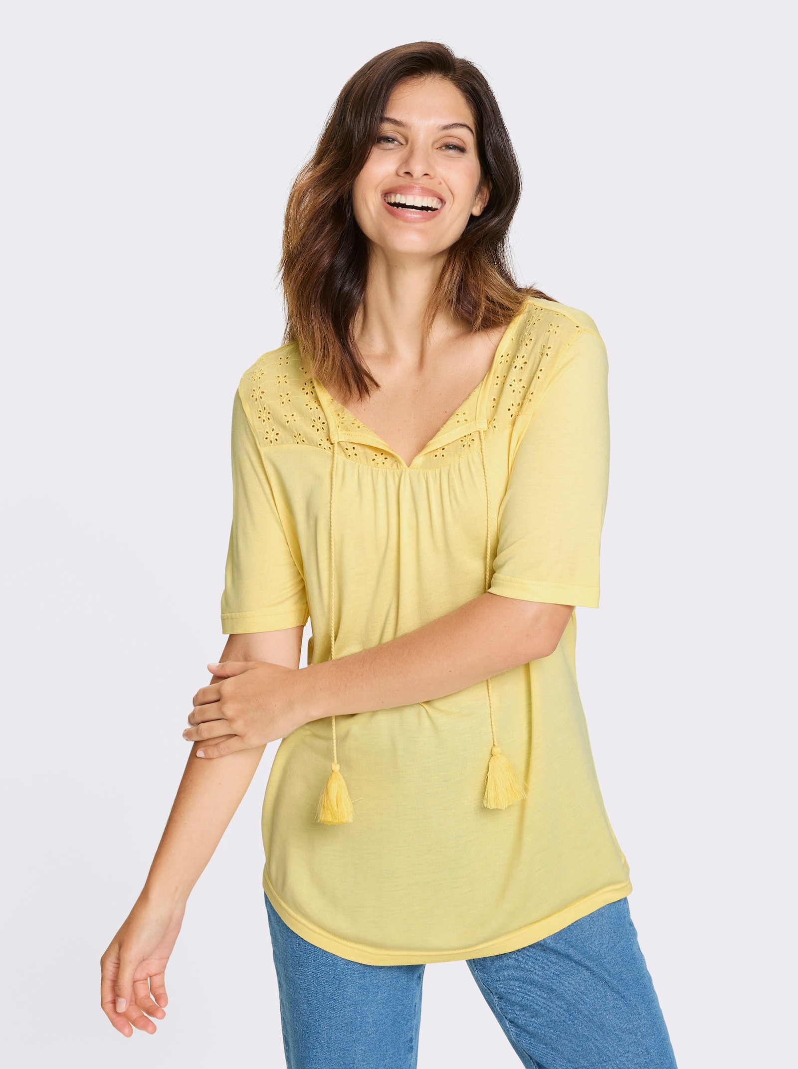 Shirt met korte mouwen en inzet met ajourwerk - citroen