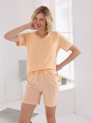 wäschepur Schlafshirt mit Ringelblende - apricot-weiß-geringelt