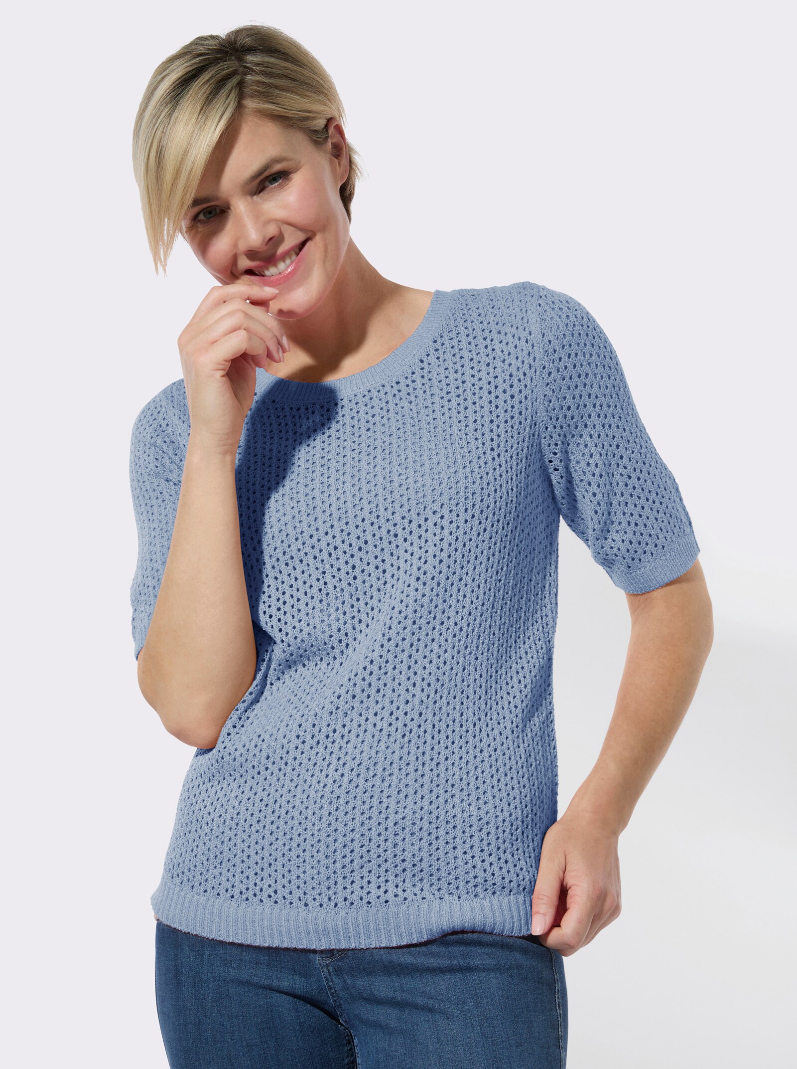 Ajourpullover mit kurzen Ärmeln - bleu