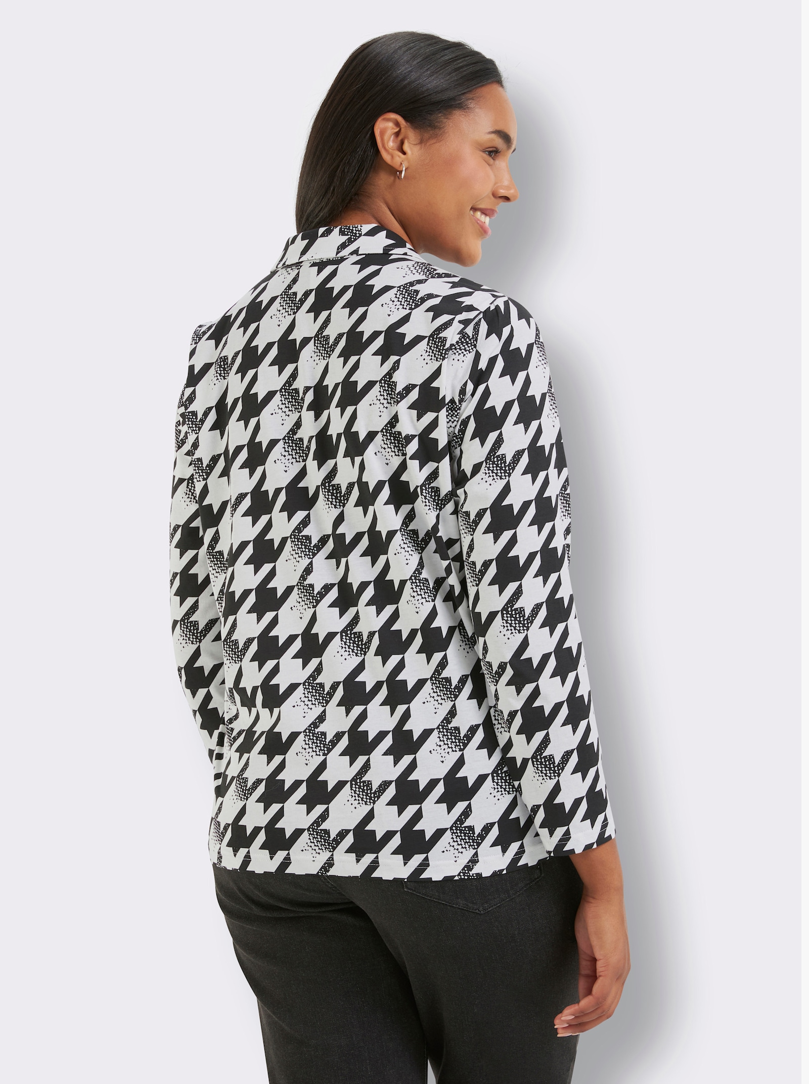 Langarmshirt mit Hahnentritt-Muster - schwarz-ecru-bedruckt