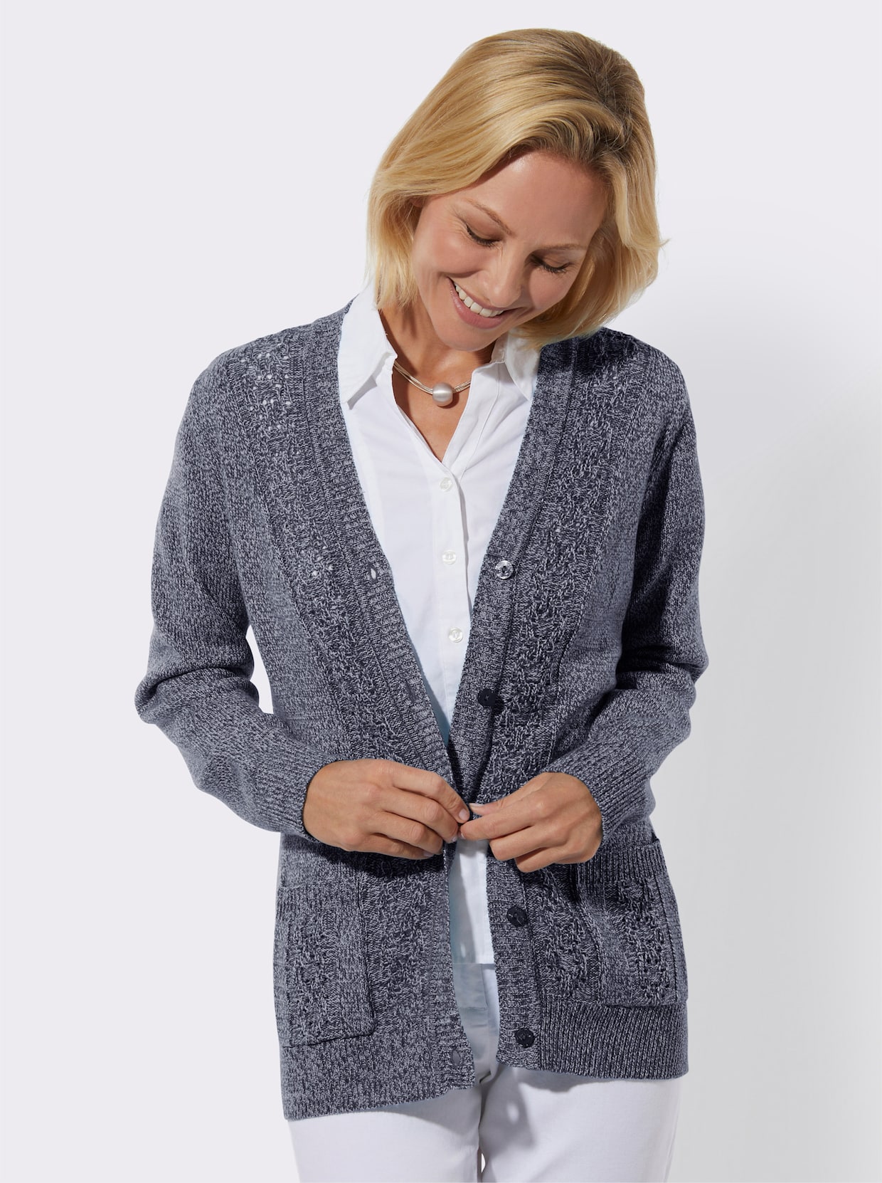 Strickjacke - marine-ecru-meliert