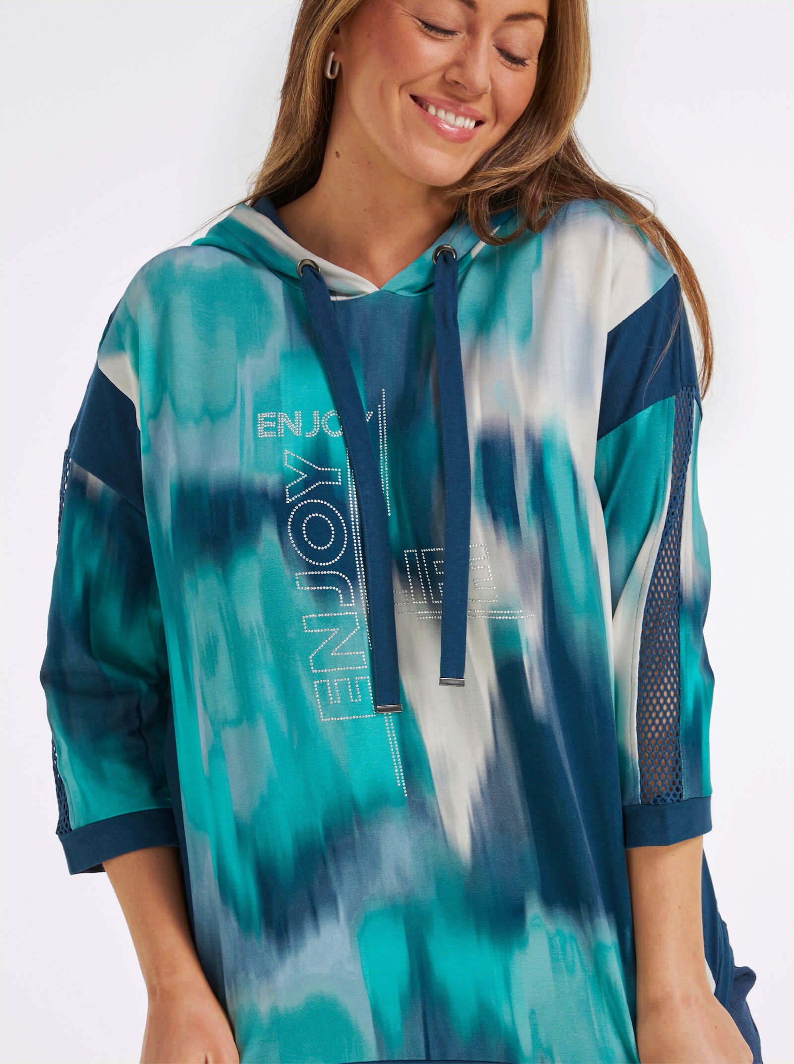 Sweatshirt mit Kontrast-Einsätzen - salbei-dunkelblau-bedruckt