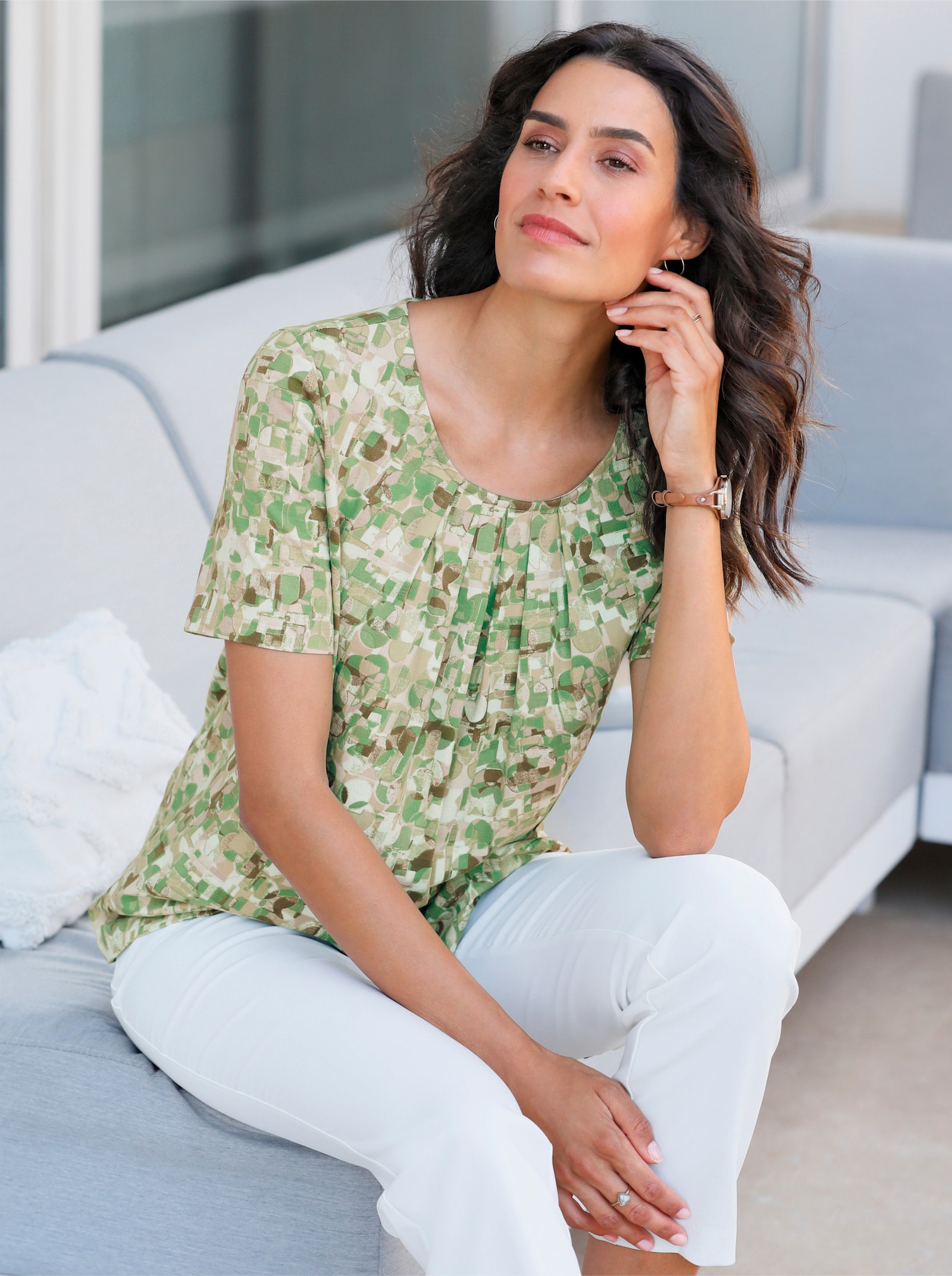 Print-Shirt in A-Form - eucalyptus-beige-bedruckt