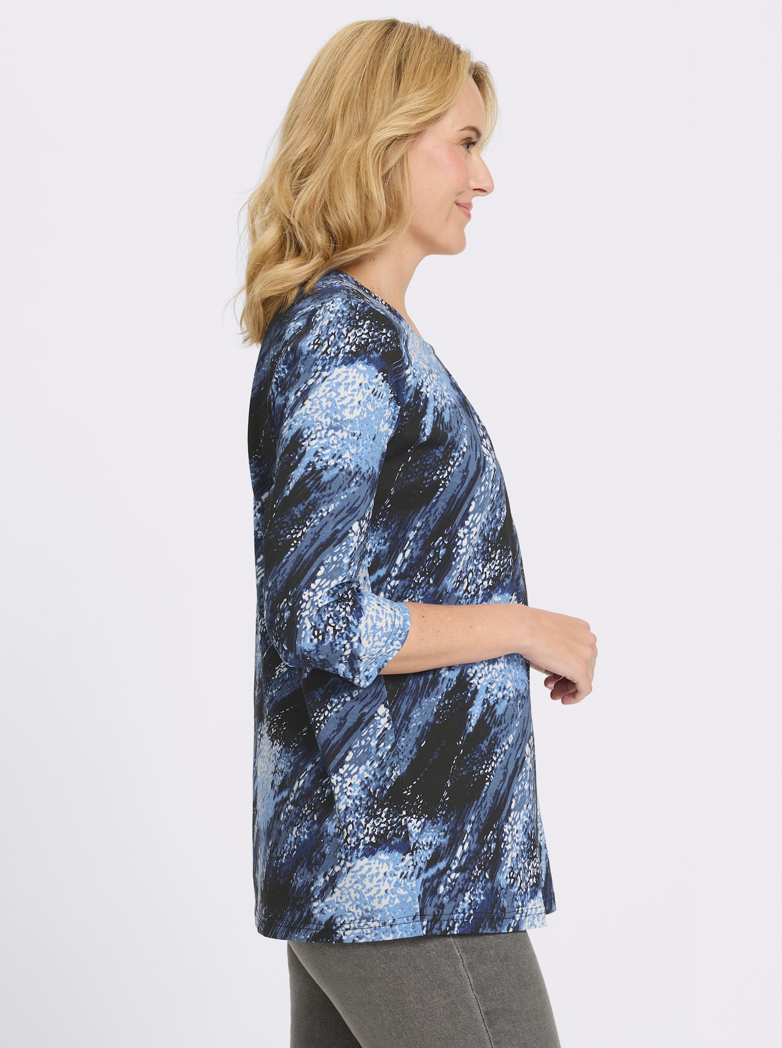 Longshirt mit 3/4-Ärmeln - schwarz-royalblau-bedruckt
