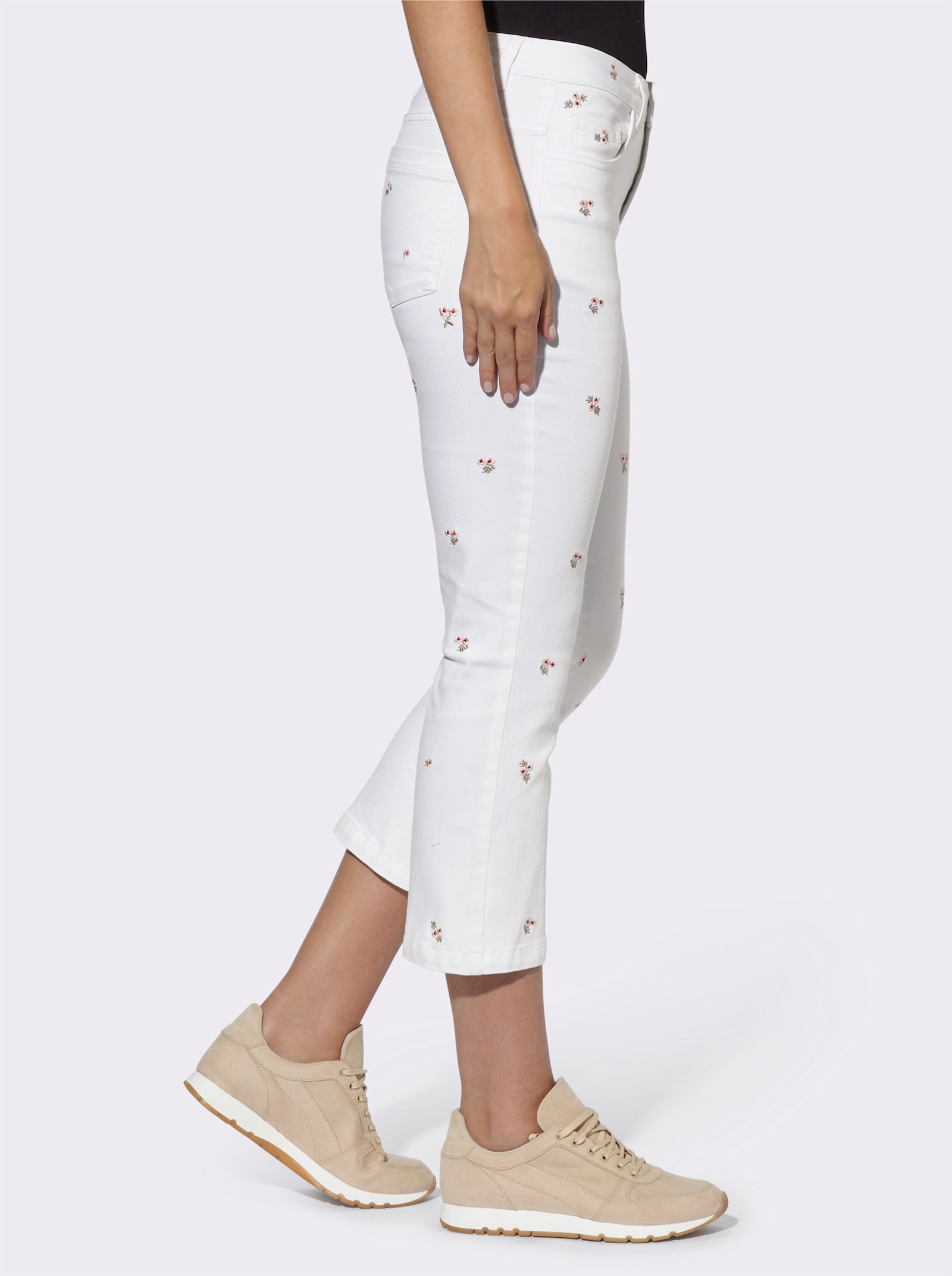 heine Stretch-Jeans mit gestickten Blüten - weiss