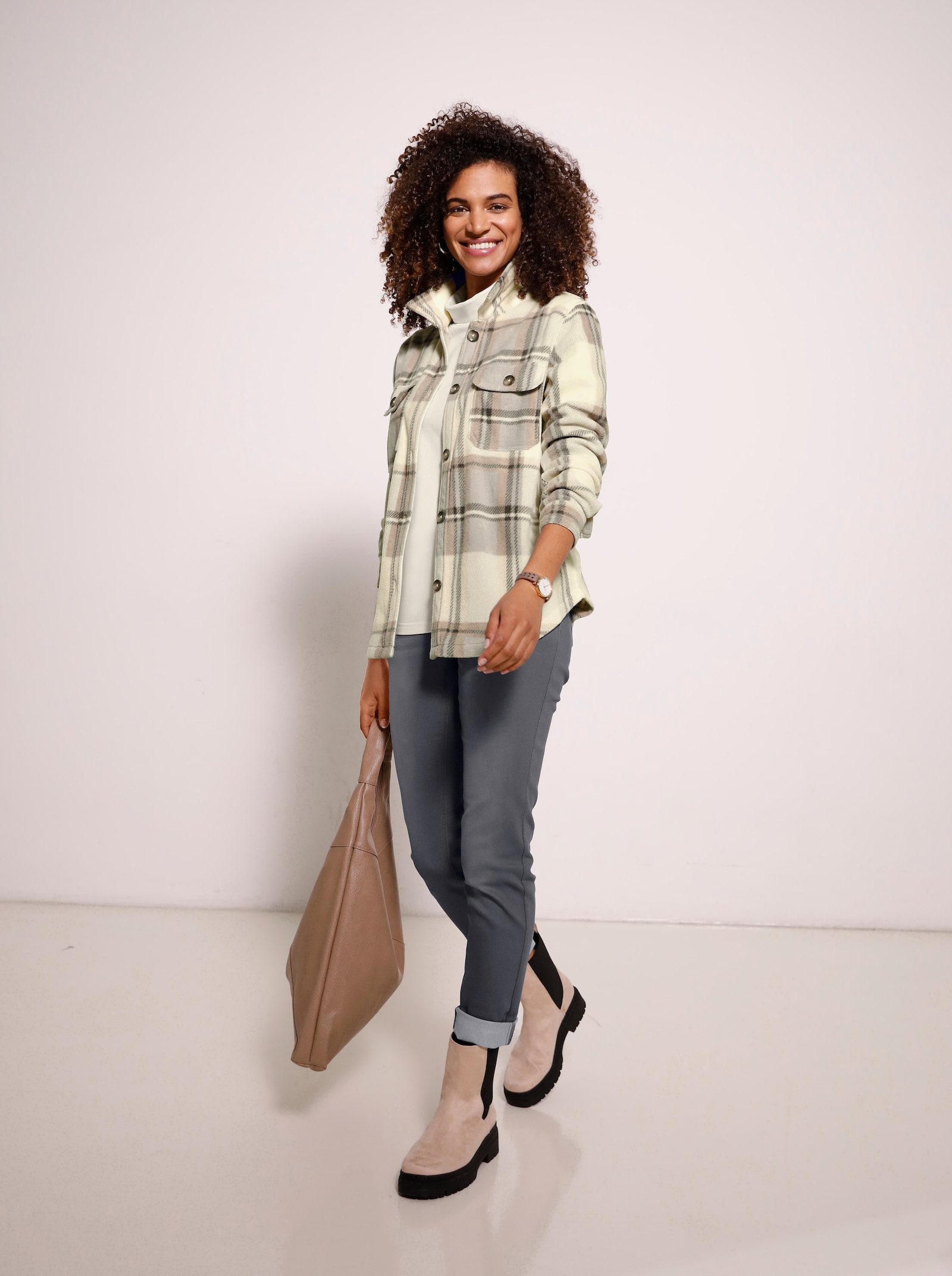 Fleecejacke mit Knöpfen in Horn-Optik - champagner-steingrau-kariert